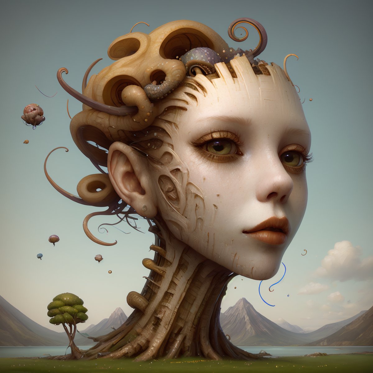 a head flying in the sky and turning into octopus with squids instead of hair, surrealistic landscape with a grassy area and a lake on the foreground and trees and mountain on the background, abstract shapes and dead black tree growing on the head while head flying in the sky, liquid flash, balls, 3D artwork by AIDA_NH_humans, surrealistic portrait in style of AIDA_NH_humans <lora:AIDA_NH_humans:0.95>, oil painting, impressionism, cyberpunk, kkw-ph1, isometric_dreams