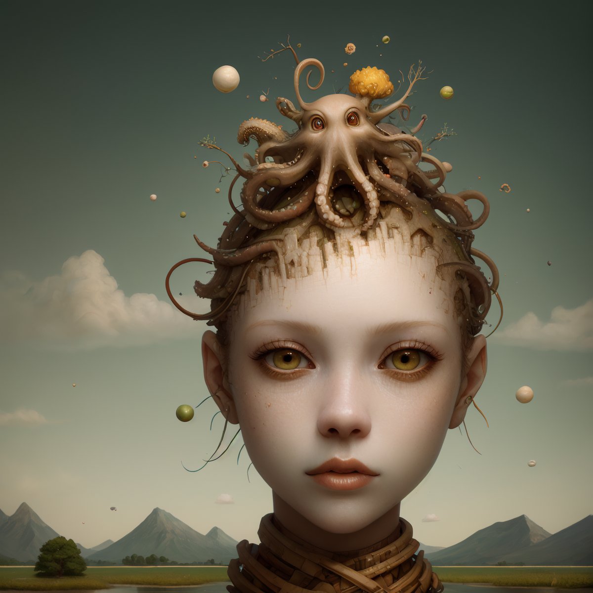 a head flying in the sky and turning into octopus with squids instead of hair, surrealistic landscape with a grassy area and a lake on the foreground and trees and mountain on the background, abstract shapes and dead black tree growing on the head while head flying in the sky, liquid flash, balls, 3D artwork by AIDA_NH_humans, surrealistic portrait in style of AIDA_NH_humans <lora:AIDA_NH_humans:0.81>, oil painting, impressionism, cyberpunk, kkw-ph1, isometric_dreams