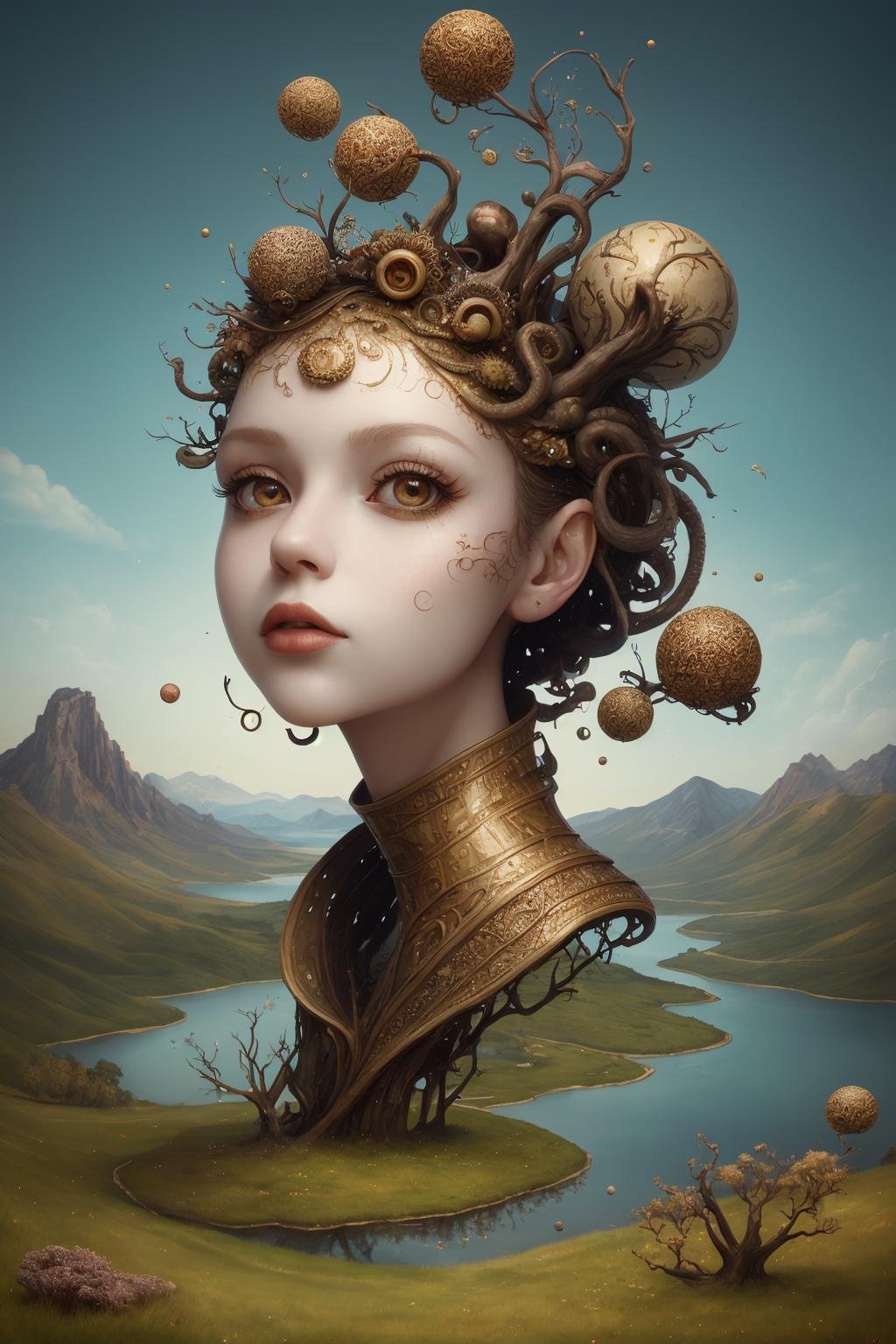 (masterpiece, hi resolution, hd wallpaper, extra resolution, best quality, intricate details:1.3), a head flying in the sky and turning into octopus with squids instead of hair, pretty face, big eyes with elegant eyelashes, surrealistic landscape with a grassy area and a lake on the foreground and trees and mountain on the background, abstract shapes and dead black tree growing on the head while head flying in the sky, liquid flash, balls, artwork by AIDA_NH_humans, surrealistic portrait in style of AIDA_NH_humans <lora:AIDA_NH_humans:0.53>