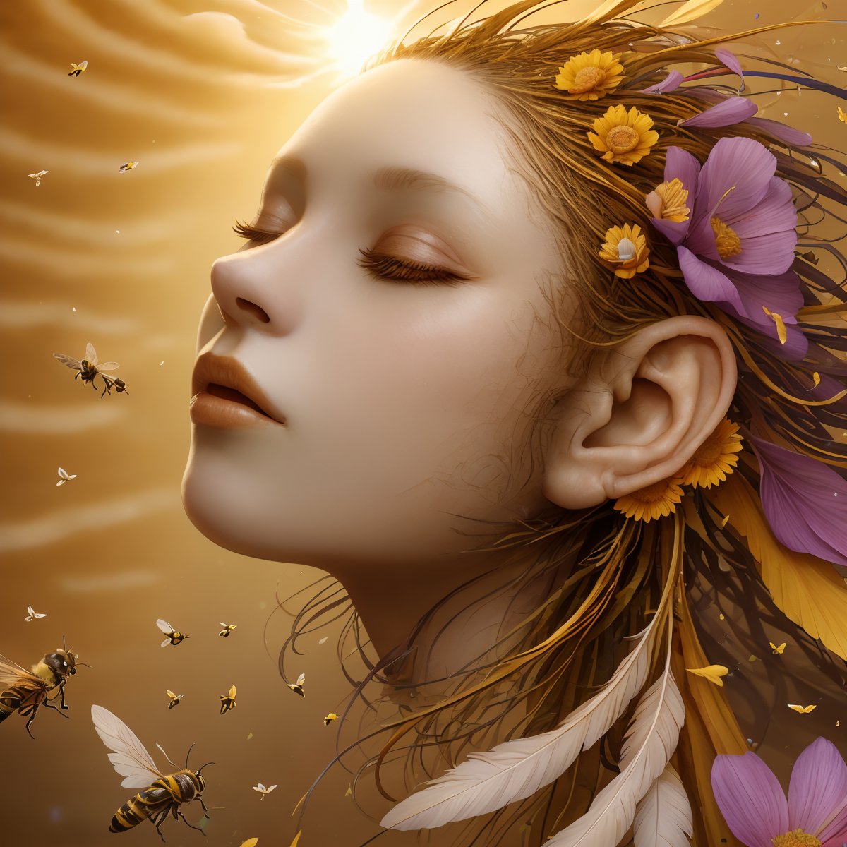 Head morphing into flower, masterpiece, feathers, waterfall, sunshine, flying bees, highly detailed, hyperrealistic, 8k <lora:AIDA_NH_humans:0.86>