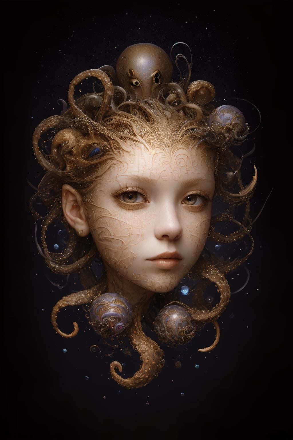 (masterpiece, hi resolution, hd wallpaper, extra resolution, best quality, intricate details:1.3), a head flying in the black void and turning into octopus with squids instead of hair, black background, isolated on black, starry sky, liquid flash, balls, artwork by AIDA_NH_humans, surrealistic portrait in style of AIDA_NH_humans <lora:AIDA_NH_humans:0.75>