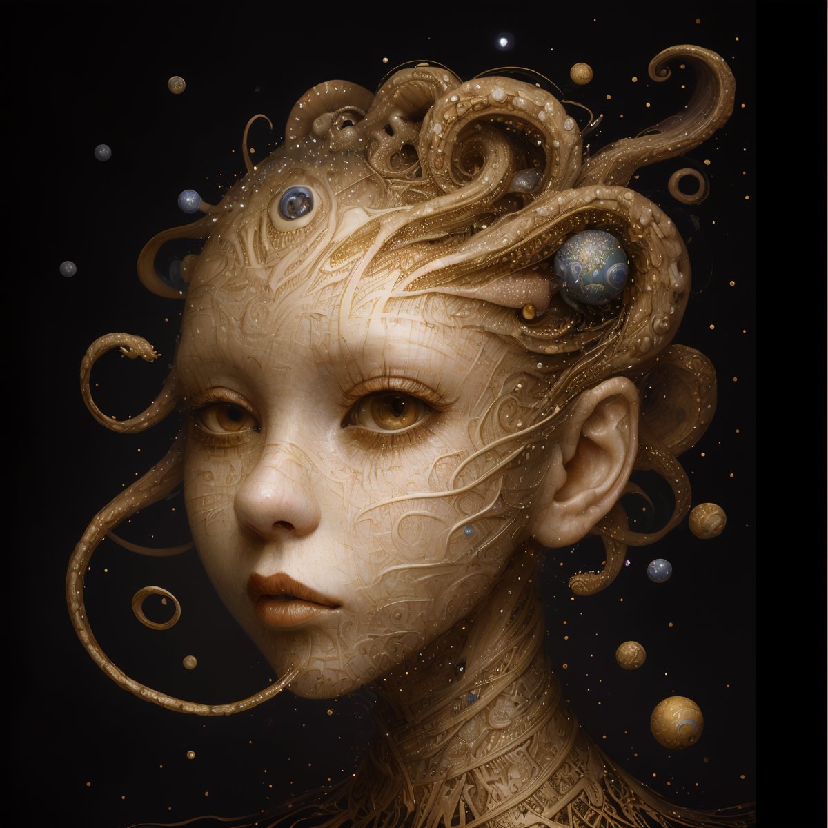 (masterpiece, hi resolution, hd wallpaper, extra resolution, best quality, intricate details:1.3), a head flying in the black void and turning into octopus with squids instead of hair, black background, isolated on black, starry sky, liquid flash, balls, artwork by AIDA_NH_humans, surrealistic portrait in style of AIDA_NH_humans <lora:AIDA_NH_humans:0.92>