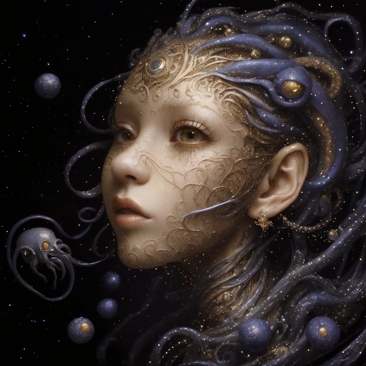 (masterpiece, hi resolution, hd wallpaper, extra resolution, best quality, intricate details:1.3), a head flying in the black void and turning into octopus with squids instead of hair, black background, isolated on black, starry sky, liquid flash, balls, artwork by AIDA_NH_humans, surrealistic portrait in style of AIDA_NH_humans <lora:AIDA_NH_humans:0.62>