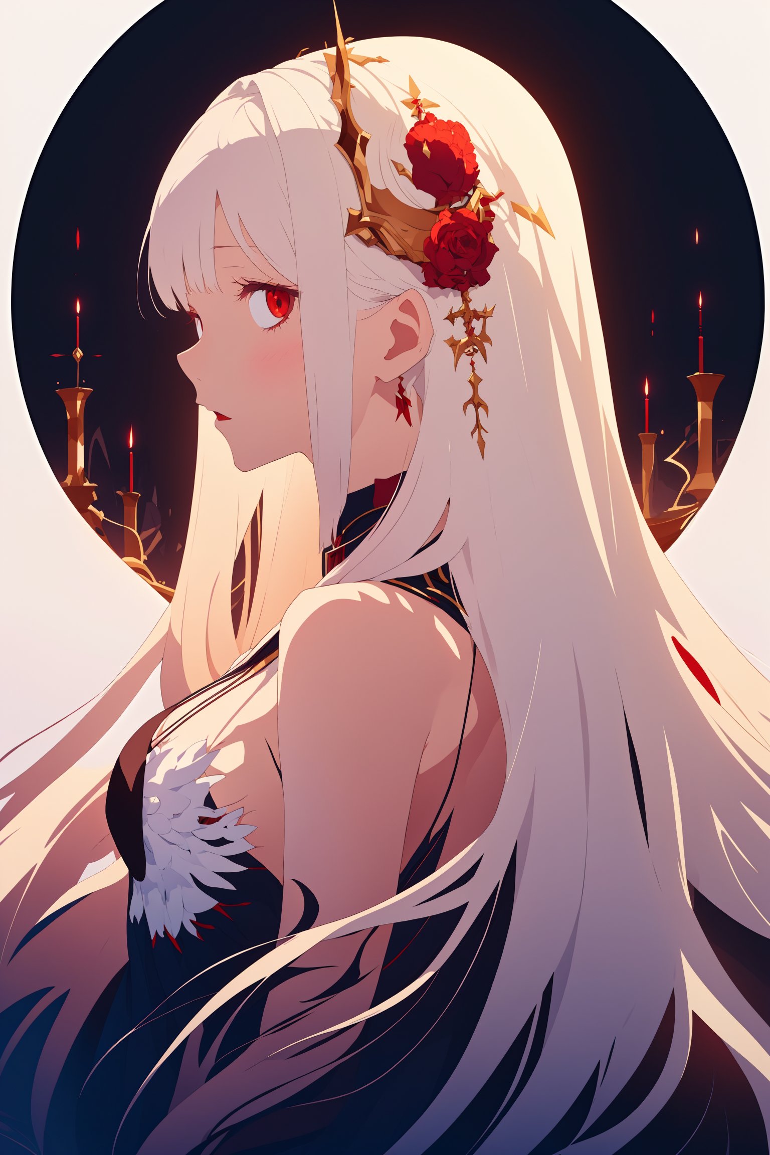 (masterpiece, top quality, best quality, official art, beautiful and aesthetic:1.2), a pale female with white skin, long flowy hair, blood dripping from above, holy, dark backgroound, black background, a dark shadow behind,