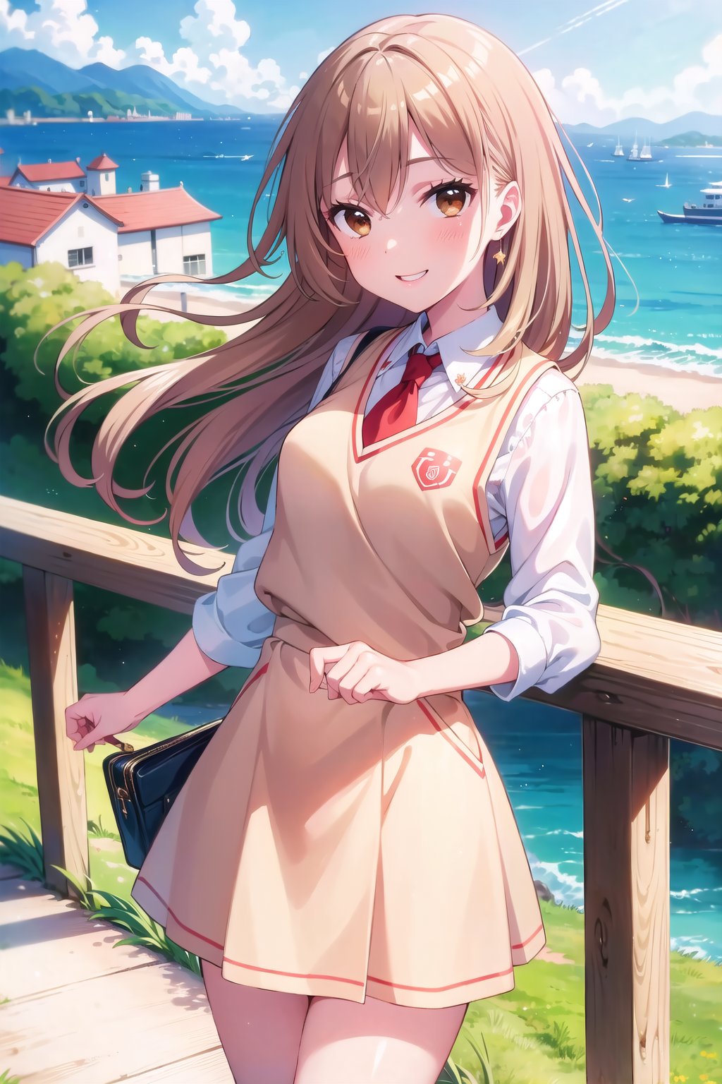 (masterpiece, Best  Quality,  High Quality,  Best Picture Quality Score: 1.3),  (Sharp Picture Quality),  Perfect Beauty: 1.5,light brown Hair,long hair  (Japanese School Uniform),  One,  (Cute School Uniform),  Beautiful Girl,  Cute,mini Skirt,  Very Beautiful View,  Hill with a view of Enoshima Island and Shonan Coast in the backgroundl,Fluttering Skirt,  (Most fantastic view), A girl standing on a hilltop,best smile,Yellow vest,hikari