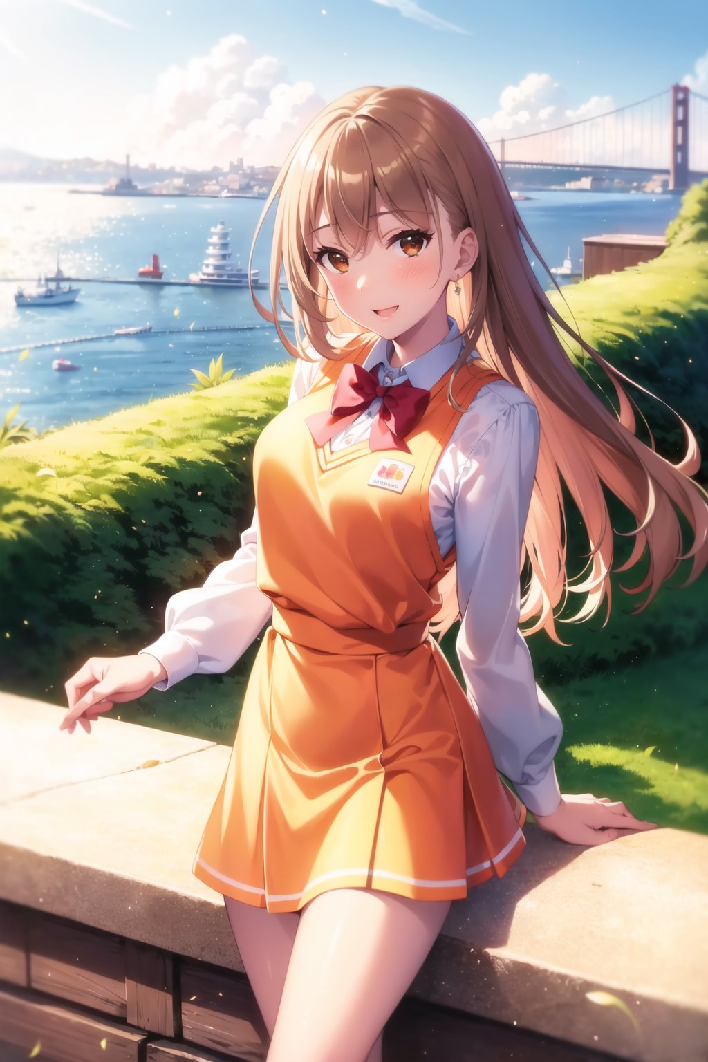 (masterpiece, Best  Quality,  High Quality,  Best Picture Quality Score: 1.3),  (Sharp Picture Quality),  Perfect Beauty: 1.5,light brown Hair,long hair  (Japanese School Uniform),  One,  (Cute School Uniform),  Beautiful Girl,  Cute,mini Skirt,  Very Beautiful View,  Hill with a view of the Bosphorus Strait in Istanbul,Fluttering Skirt,  (Most fantastic view), A girl standing on a hilltop,best smile,Yellow vest,hikari