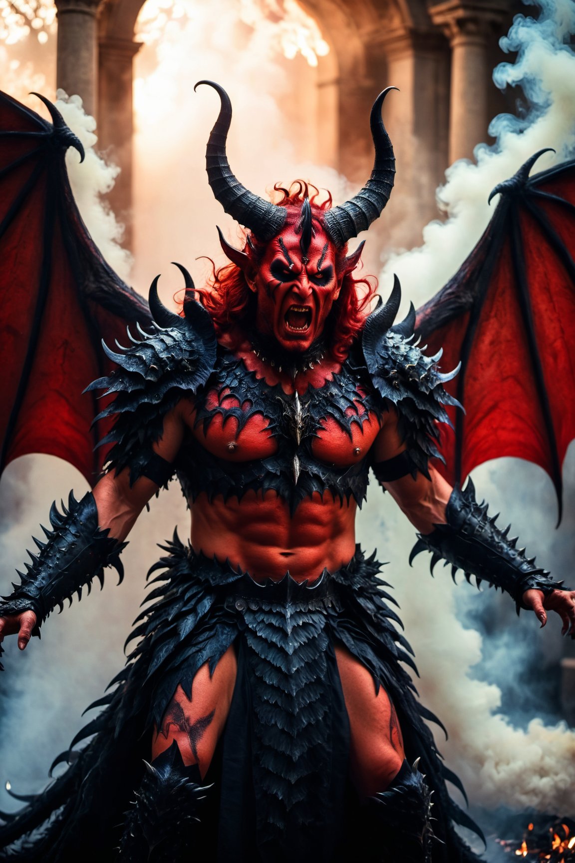 Horror-themed cinematic film still,a horrifying red-skinned male demon king, (full body portrait:1.3), (detailed monstrous evil face:1.4), screaming, wide spread bat like wings, (detailed scaly skin texture:1.2), long curved horns, (in hell, swirling tormented souls, billowing smoke:1.5), black spiky armor,, shallow depth of field, vignette, highly detailed, high budget, bokeh, cinemascope, moody, epic, gorgeous, film grain, grainy . Eerie, unsettling, dark, spooky, suspenseful, grim, highly detailed
