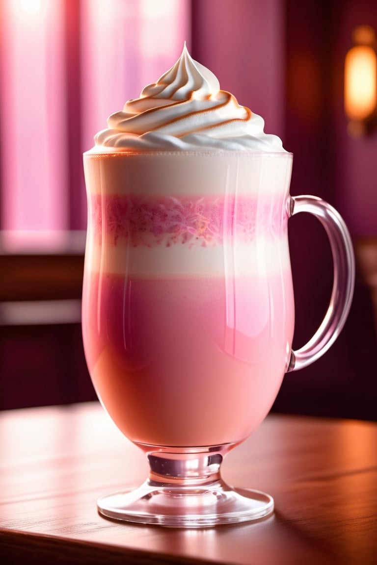 a magical fairy latte, in a transparent pink-tinted glass, high quality, inside of a fairy cafe, 8k, concept art, elegant 
