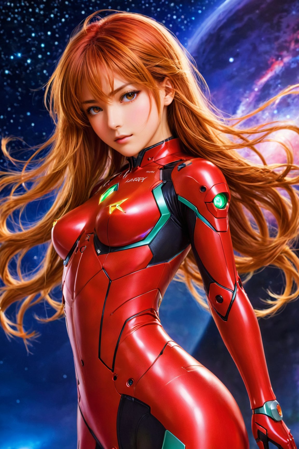 nijiMecha,lora:nijiMecha:0.85,(best quality, masterpiece, colorful, dynamic angle, highest detailed)(Asuka Langley),upper body photo,fashion photography of cute red long hair girl (Asuka Langley),dressing high detailed Evangelion red suit (high resolution textures),in dynamic pose,bokeh,(intricate details, hyperdetailed:1.15),detailed,moonlight passing through hair,perfect night,(fantasy art background),(official art, extreme detailed, highest detailed),HDR+