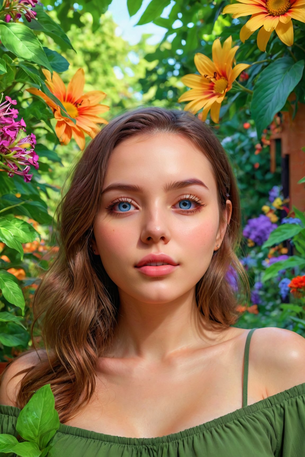A girl in a garden,illustration,beautiful detailed eyes,beautiful detailed lips,extremely detailed eyes and face,long eyelashes,playful expression,unique fashion sense, surrounded by colorful flowers and lush greenery,best quality,4k,highres,masterpiece:1.2,ultra-detailed,photorealistic:1.37,HDR,vivid colors,portrait,colorful lighting.