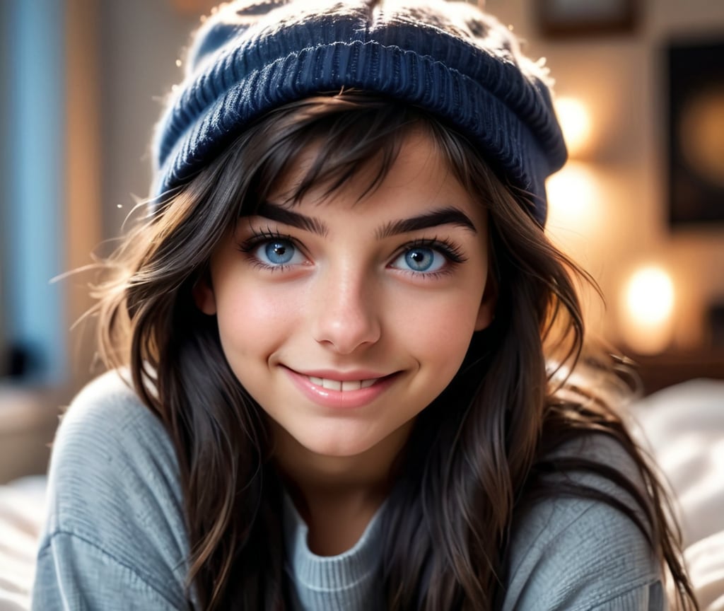hyper realistic selfie portrait of a teen girl, messy black hair (backwards cap), shy smile (wearing braces), dimples, chapped lips, thick eyebrows, textured skin, realistic features, skin pores, imperfect skin, mimic a 85mm lens Sony Lens, f3. 6, bokeh, sharp focus, professional photography, warm lighting, soft lights, realistic dark blue eyes, asymmetrical framing, matte photo, sharp focus, set a messy bedroom as background
