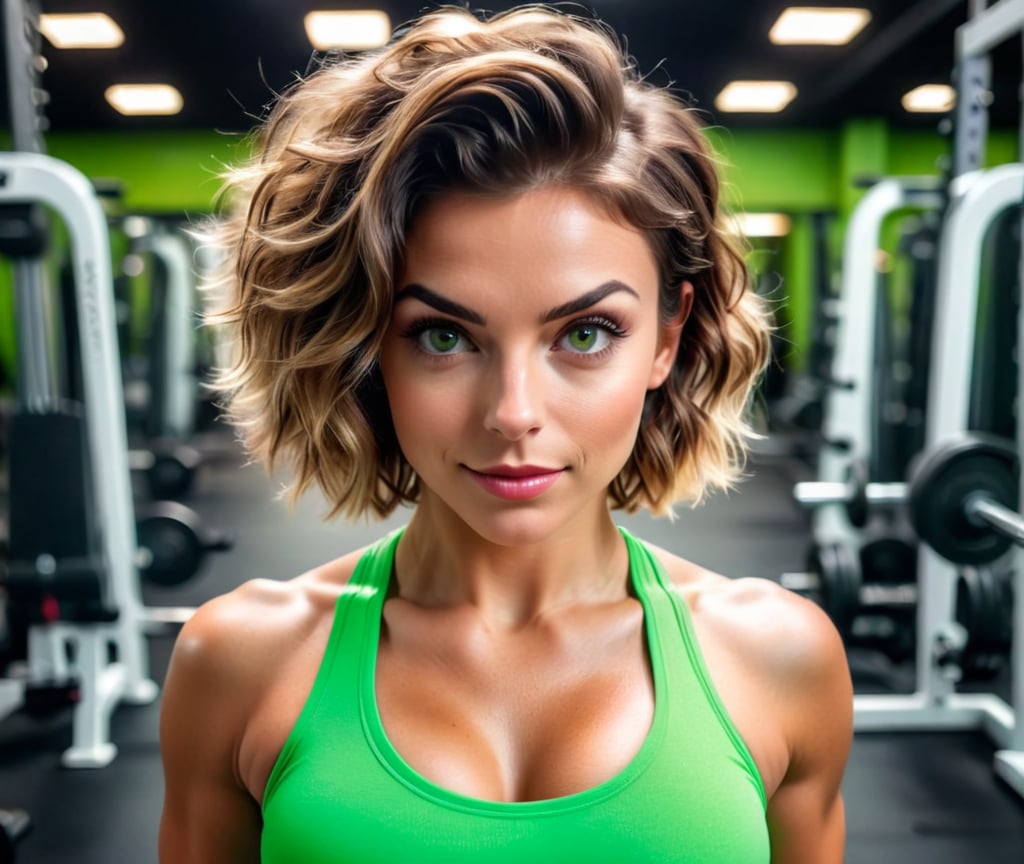Wide portrait selfie of a woman with the most beautiful short wavy hair, extremely toned body, self-portrait, with realistic green eyes, lifting weights at the gym, she's extremely confident, shiny skin, gym outfit, soft lighting, in the background we can see an empty gym early in the morning. Mutedcolors, go for a realistic yet cartoonish aproach.

