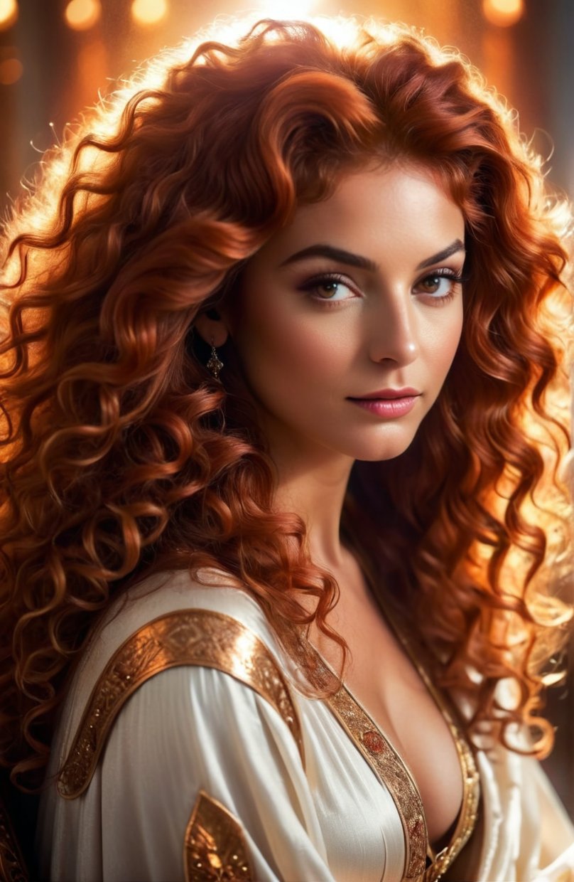((Close-up portrait)), (RAW Photo), Stunning portrait of the beautiful Queen of the Cosmos, with suntan skin, sitting on an Etheral Throne, ((Gorgeous Long Curly Red Hair)), Use warm tones and soft lighting.
