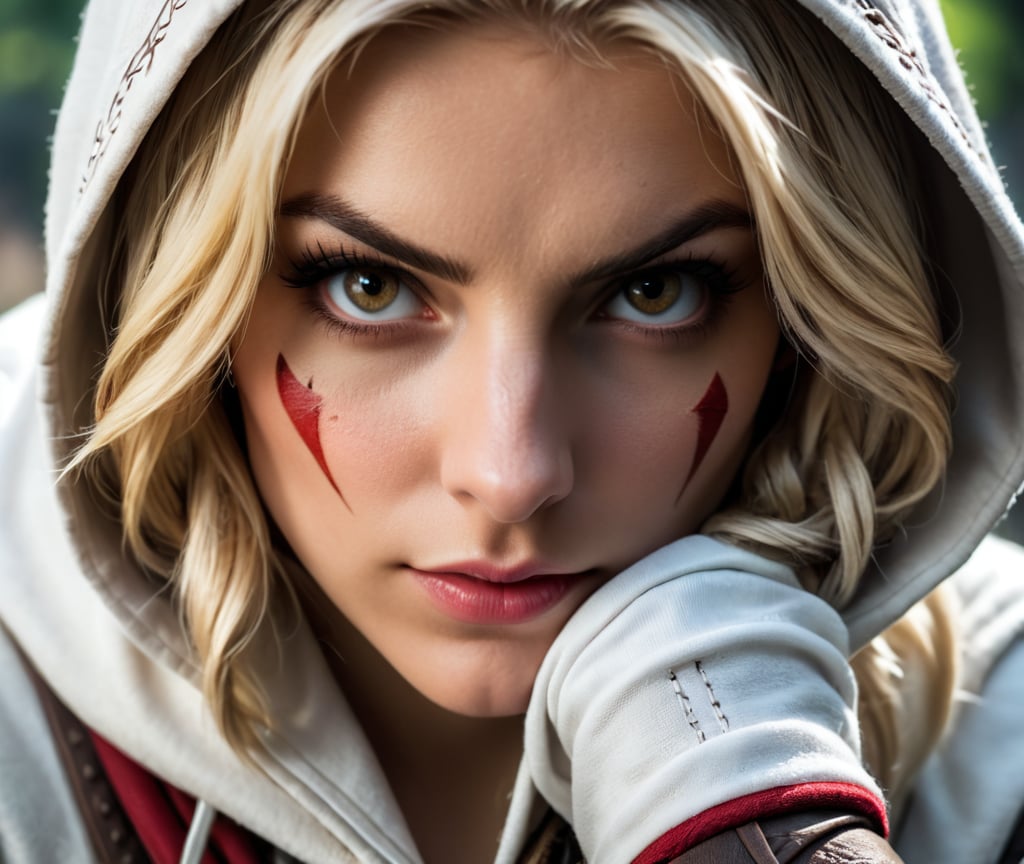 close up, Cosplay of a blonde girl for the main character of the game Assassins Creed in hood , Nikon D750, 32k, Megapixel, HDR, Leica 50mm lens, Kodak Portra 800 film
