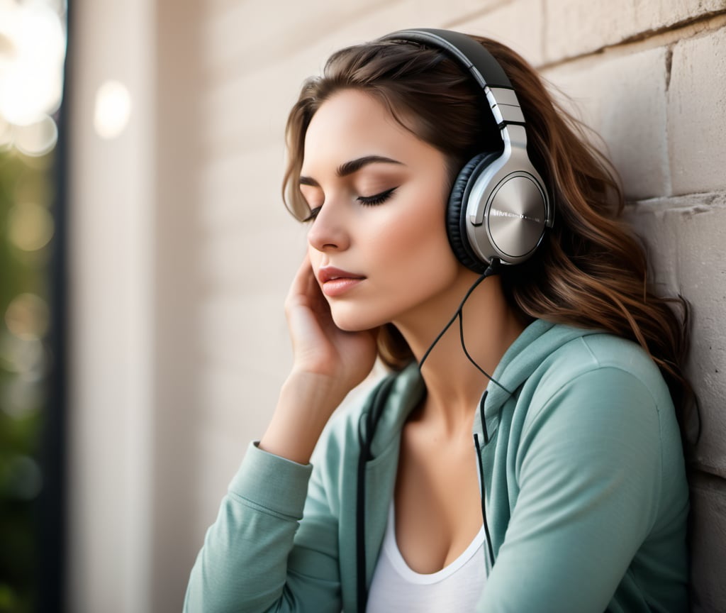 An image of a woman, wearing headphones, eyes closed, and lost in the rhythm of music. They could be sitting in a cozy room, leaning against a wall, or sitting outdoors in a peaceful setting.



