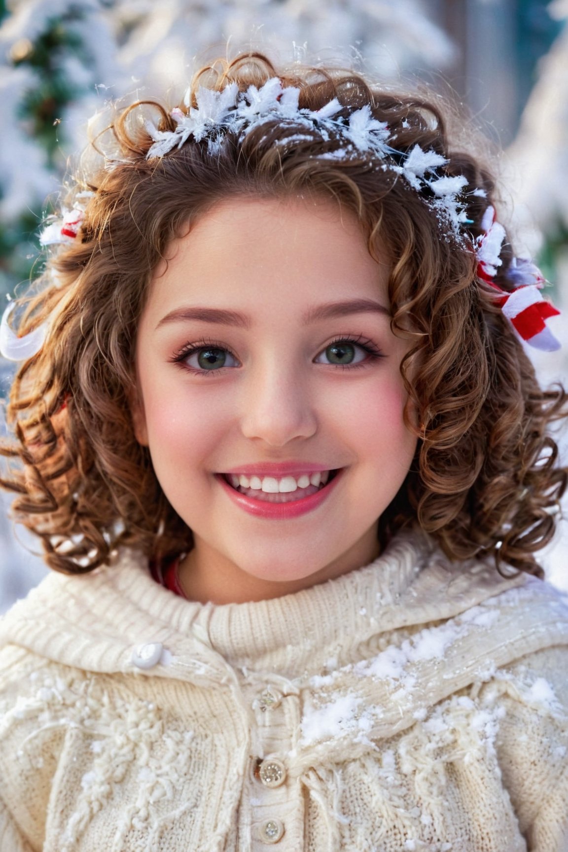 best quality,  cute little girl,  christmas outfit,  cute smiley,  blushing face,  detailed eyes,  detailed lips,  curly hair,  rosy cheeks,  sparkling eyes,  joyful expression,  snowy background,  winter scenery,  soft lighting,  vibrant colors,  festive atmosphere,<lora:EMS-74104-EMS:0.800000>