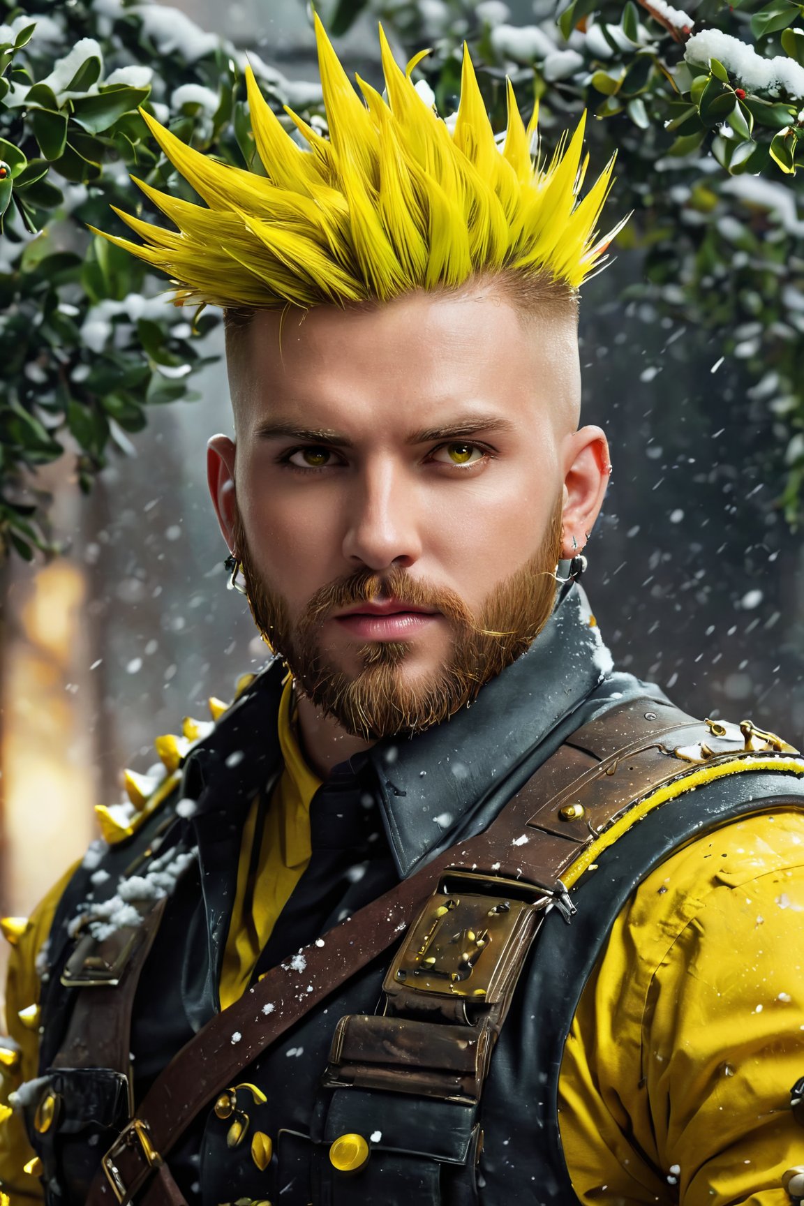 an (extremely detailed masterpiece) of one man ((1boy)) Mercenary with his (yellow spiked punk hair style,  sides shaved) muscles and (five o'clock shadow,  scruffy beard) wearing a ((bright yellow mercenary uniform)),  adorned in mistletoe,  (highly detailed (glowing) yellow eyes:1.2),  (toned physique:1.1),  (style-swirlmagic:1.1) (twisting swirls of dark magic),  (mistletoe:1.2),  (falling snow:1.2),  (snowflakes),  (dark fantasy style),  (moody color tones),  (soft lighting:1.2),  medium depth of field,  oil painting,  (8k UHD,  highest quality)