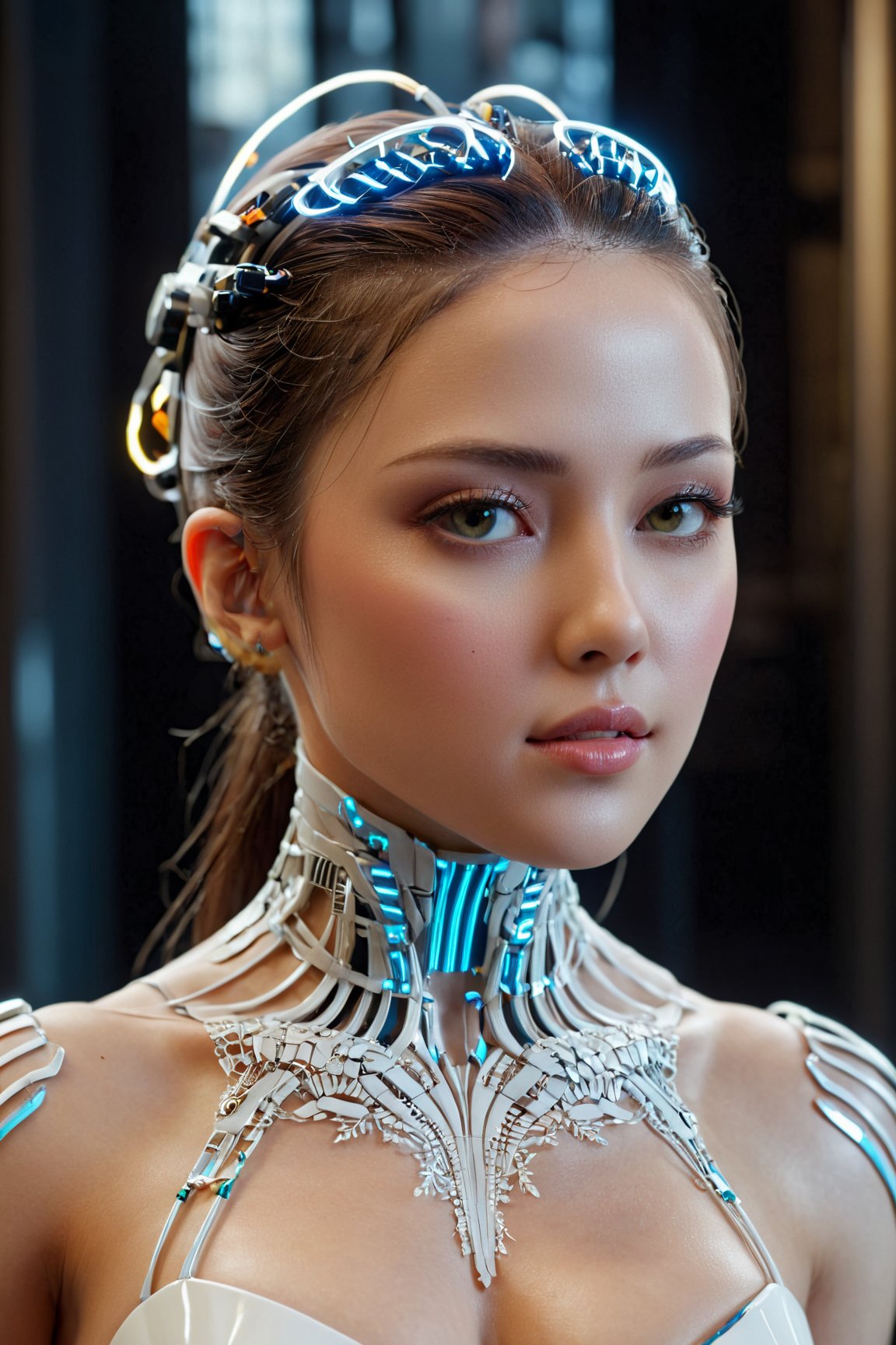 (best quality,  8K,  ultra-detailed,  masterpiece),  (octane render,  3D illustration),  Craft an extraordinary masterpiece in 8K detail. Present a stunningly intricate 3D render of a beautiful porcelain profile woman android,  seamlessly blending cyborg and robotic elements into her visage. The studio lighting bathes her in soft,  luxurious light,  with a captivating rim light enhancing her vibrant details. This scene should evoke the essence of a luxurious cyberpunk world,  complete with delicate lace details,  hyperrealistic anatomical features,  visible facial muscles,  intertwining cable electric wires,  and embedded microchips,  all contributing to her elegant and sophisticated appearance. Achieve the pinnacle of realism and artistry,  with octane render technology ensuring every facet of this masterpiece is truly breathtaking. An official art-quality,  extremely detailed CG unity rendering with a realistic,  photo-realistic touch (1.37) is expected to result in an amazing,  finely detailed masterpiece.,<lora:EMS-74104-EMS:0.800000>