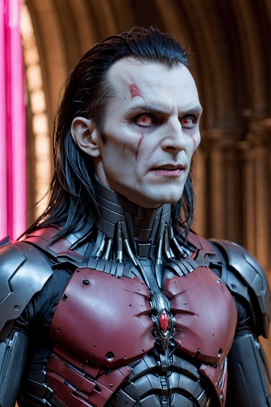 (Morbius from Marvel,  portrayed with hyper-realistic perfection and Joker-style hair),  (Biomechanical robot in a cyberpunk cathedral),  This award-winning photo,  featured on Zbrush Central,  captures Morbius in a hyper-realistic portrayal with a distinct Joker-style hairdo. The intricate biomechanical details,  extremely sharp lines,  and the presence of a cybernetic limb complement the cyberpunk atmosphere of a gothic brutalist cathedral illuminated by neon lights.,<lora:EMS-74104-EMS:0.800000>