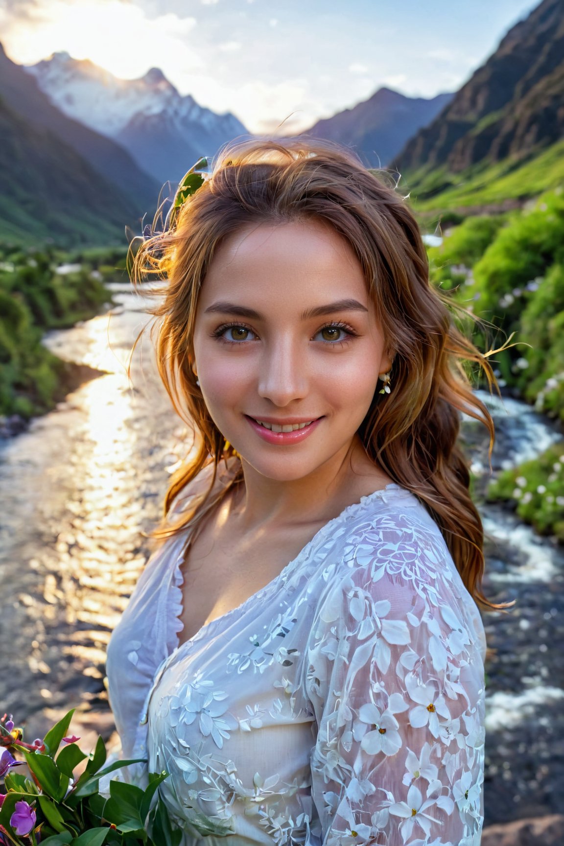 (best quality, 8k, highres, masterpiece:1.2), photorealistic, ultra-detailed, vibrant photography of a woman in nature,  cute smile, dramatic lighting, finely detailed beautiful eyes, fine detailed skin, Natural scenery, majestic landscape, colorful flowers, distant mountains, flowing rivers, melting sunset, serene atmosphere, dazzling sunlight, blissful vibes, freckled face, luscious greenery, soft breeze, ethereal beauty,<lora:EMS-74104-EMS:0.800000>