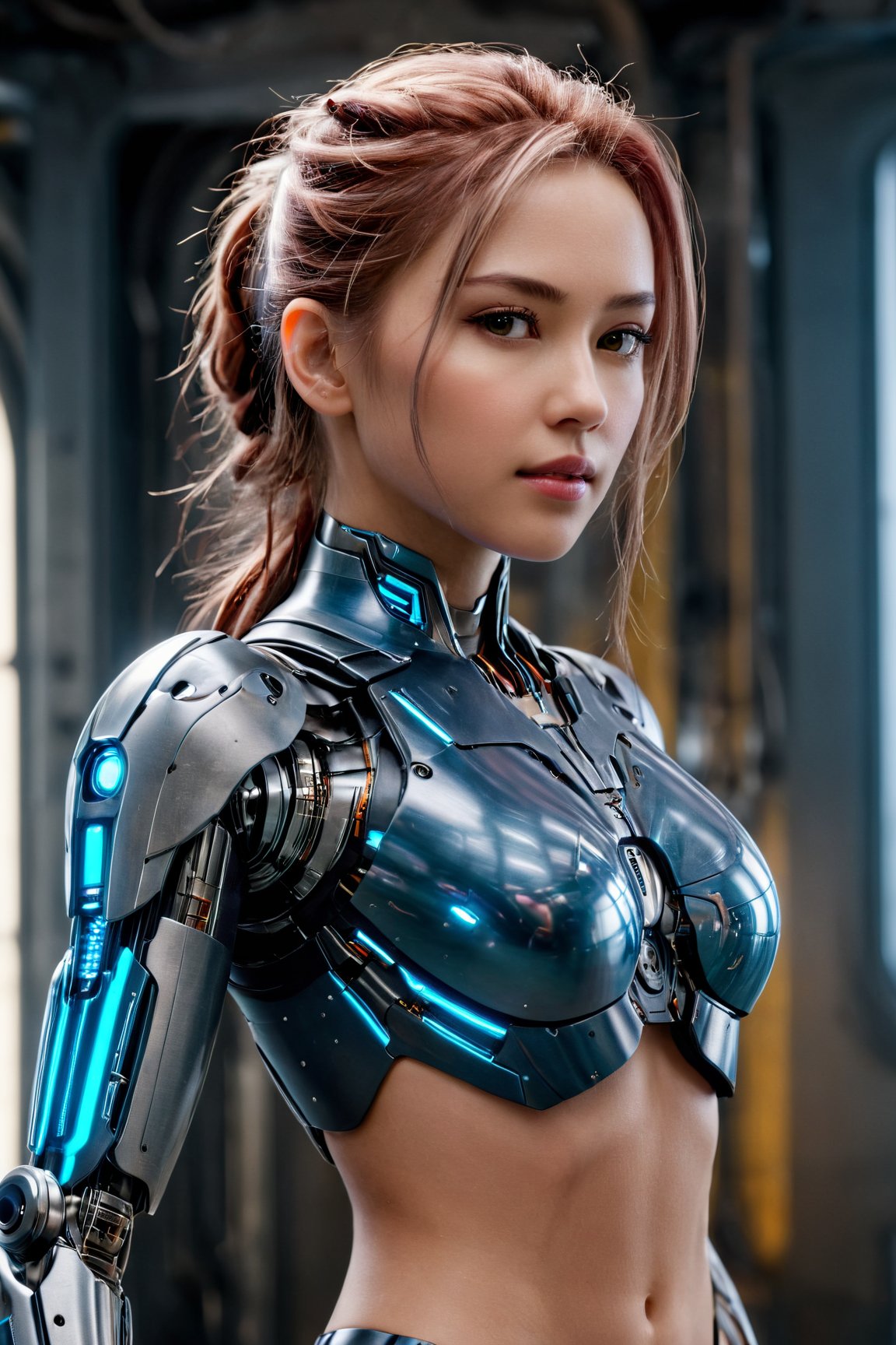(best quality,  8K,  highres,  masterpiece),  hyper-detailed,  (photo-realistic,  lifelike) medium shot of a semi-cyborg female with biomechanical arms. The cinematic lighting accentuates the intricate details of her cybernetic limbs,  creating a visually stunning image that blurs the line between human and machine. This high-resolution masterpiece captures the essence of technological fusion and human beauty.,<lora:EMS-74104-EMS:0.800000>