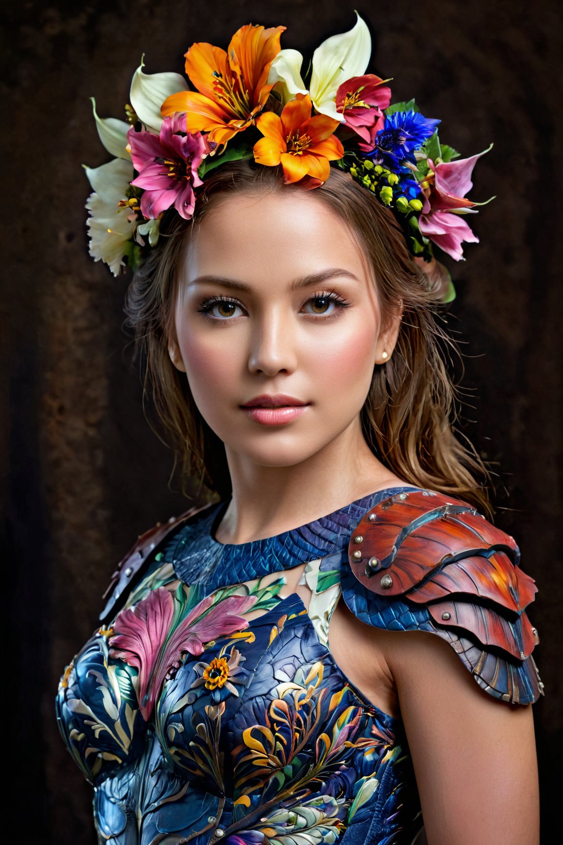 (best quality,  realistic,  high-resolution),  colorful portrait of a woman with flawless anatomy. She is wearing a stunning flower dress that compliments her vibrant personality. Her skin is extremely detailed and realistic,  with a natural and lifelike texture. The background is dark,  which creates a striking contrast to the colorful flowers adorning her armor. The flowers on her armor represent her strength and beauty. The lighting accentuates the contours of her face,  adding depth and dimension to the portrait. The overall composition is masterfully done,  showcasing the intricate details and achieving a high level of realism., Realistic,<lora:EMS-74104-EMS:0.800000>