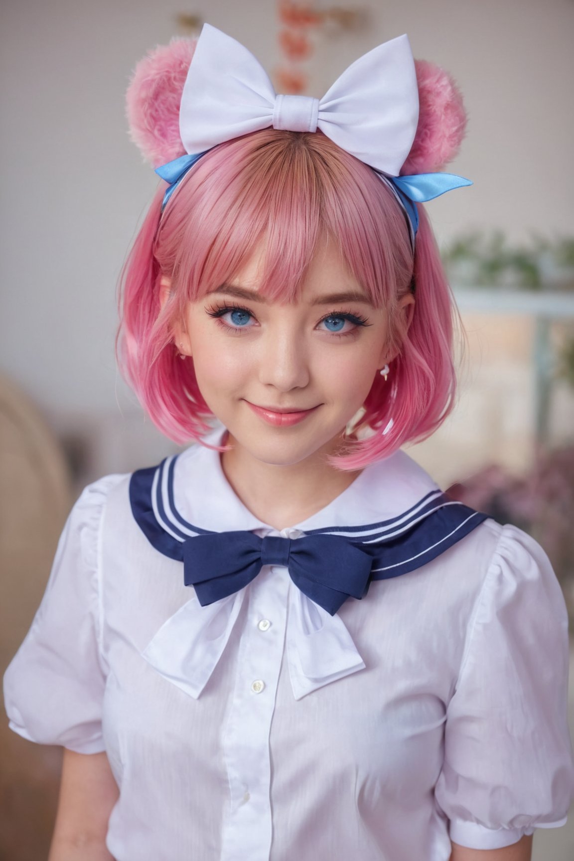 skistyle,  1girl,  solo,  cute smile,  pink hair,  animal ears,  blue eyes,  wings,  looking at viewer,  bangs,  short hair,  bow,  sailor collar,  white sailor collar,  hair bow,  pink bow,  closed mouth,  shirt,  white shirt,  bear ears,  bob cut,  mini wings,  portrait,  detached wings,  makeup,  upper body,  city in background