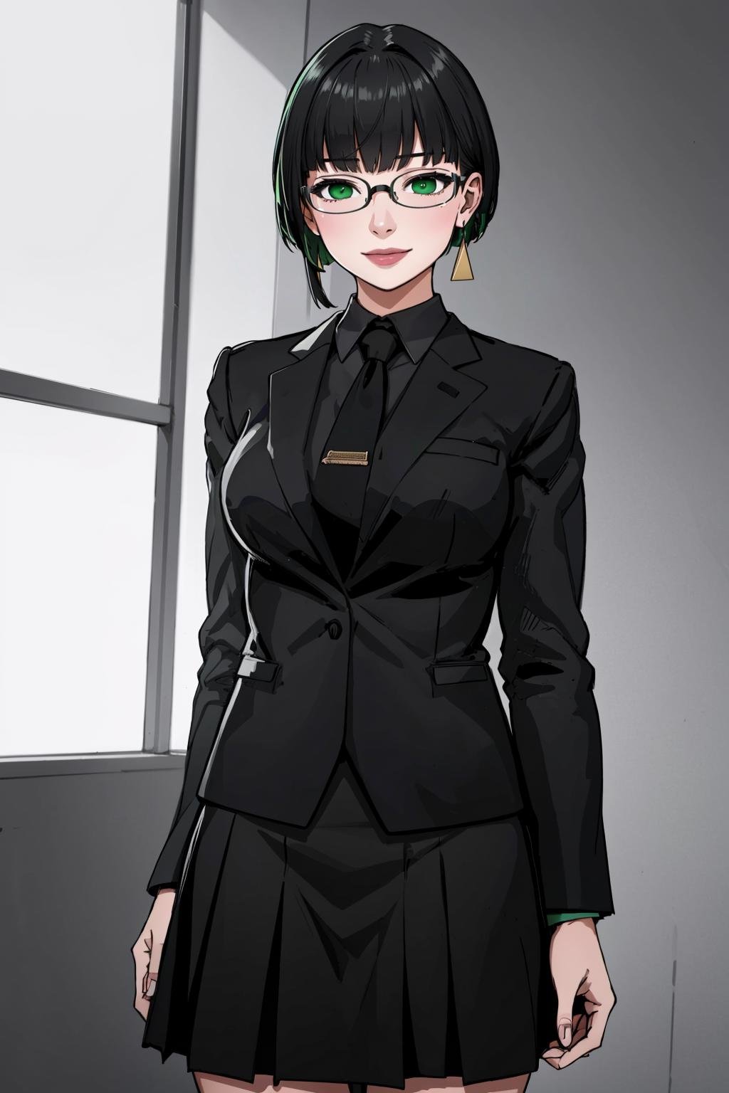 ((Masterpiece, best quality,edgQuality))smiling,solo,1girl,posing for a picture,edgAllmind,blunt bangs,two tone hair,earrings,black suit,necktie, green eyes,skirt,glasses<lora:edgArmoredCore6Allmind:0.8>