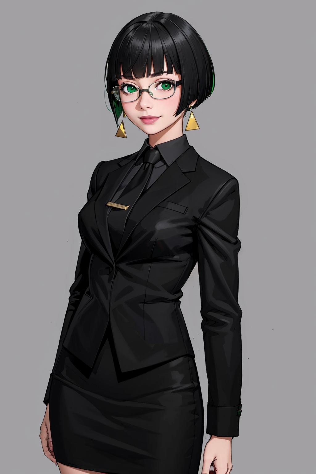 ((Masterpiece, best quality,edgQuality))smiling,solo,1girl,posing for a picture,edgAllmind,bob cut,blunt bangs,two tone hair,golden earrings,black suit,necktie, green eyes,pencil skirt,glasses<lora:edgArmoredCore6Allmind:0.8>