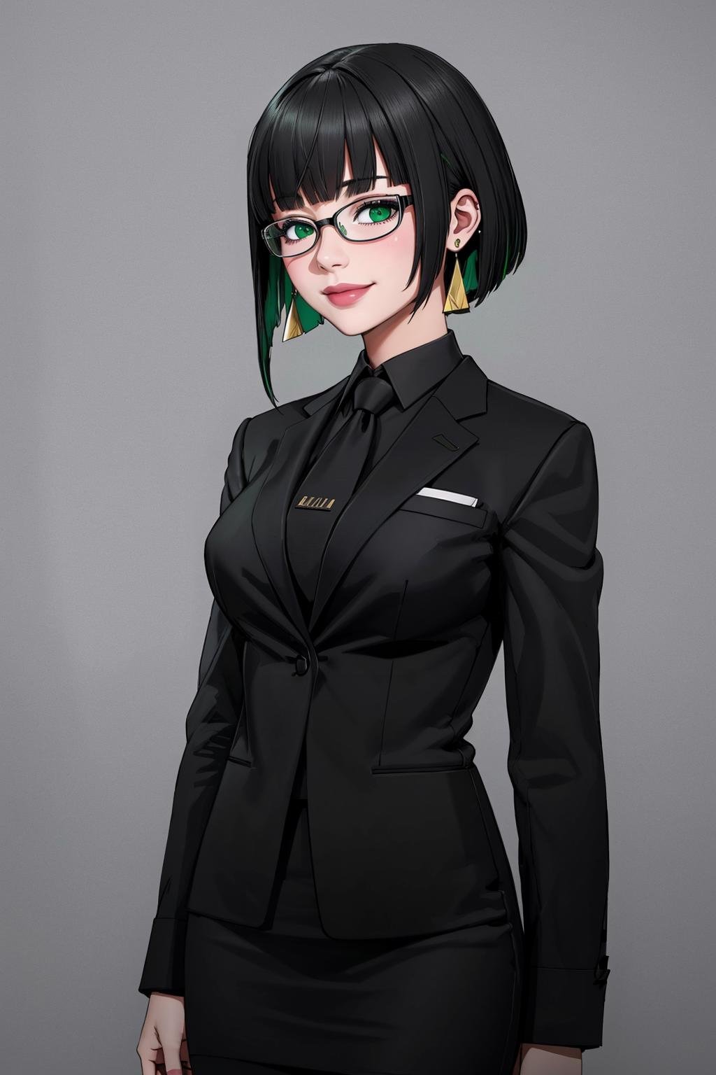 ((Masterpiece, best quality,edgQuality))smiling,solo,1girl,posing for a picture,edgAllmind,blunt bangs,two tone hair,earrings,black suit,necktie, green eyes,pencil skirt,glasses<lora:edgArmoredCore6Allmind:0.8>