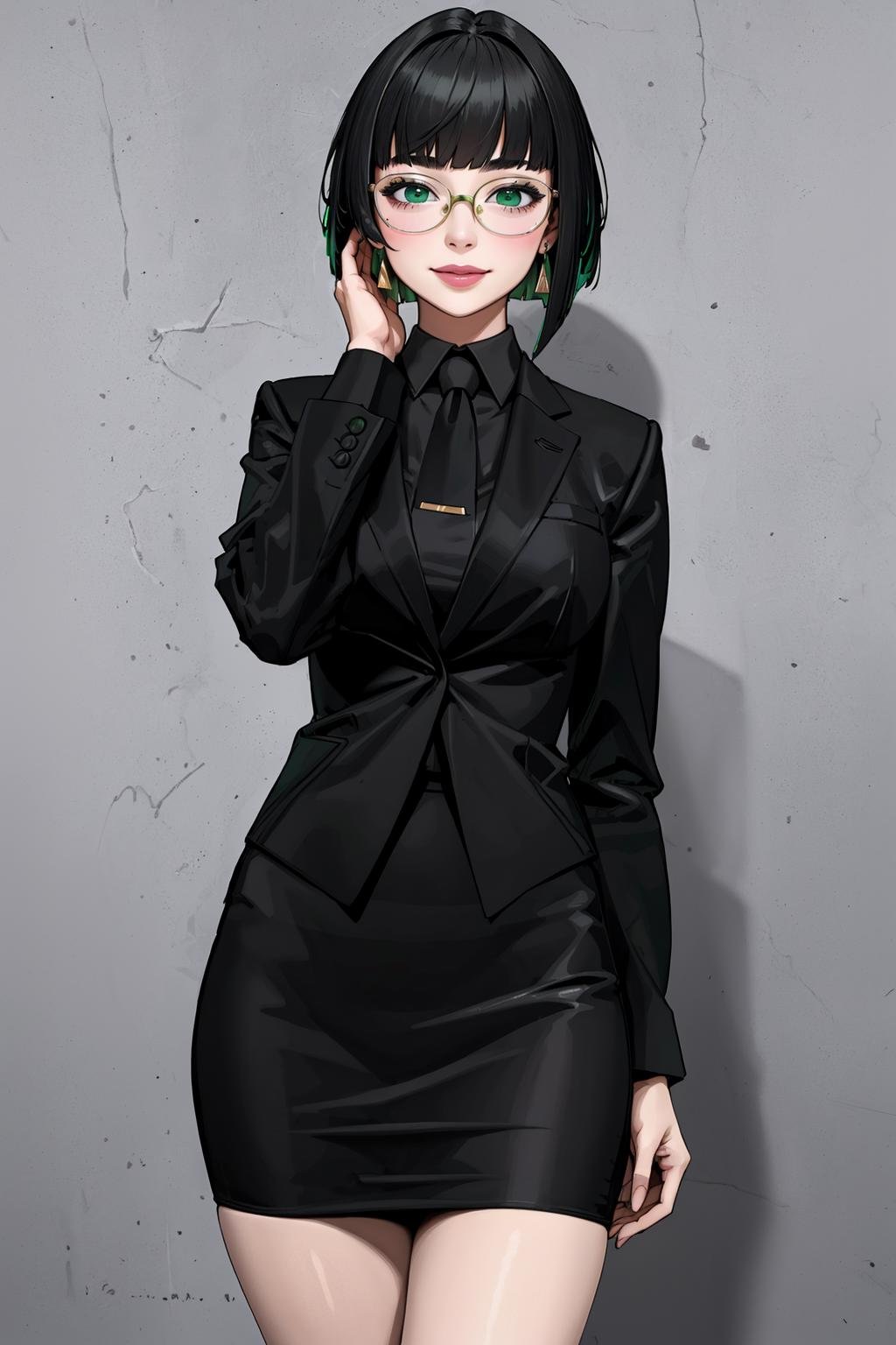 ((Masterpiece, best quality,edgQuality))smiling,solo,1girl,posing for a picture,edgAllmind,bob cut,blunt bangs,two tone hair,golden earrings,black suit,necktie, green eyes,pencil skirt,glasses<lora:edgArmoredCore6Allmind:0.8>