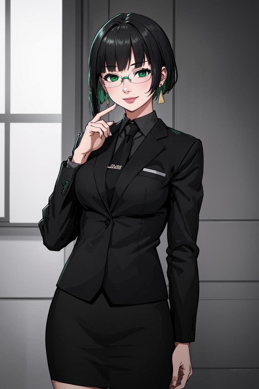 ((Masterpiece, best quality,edgQuality))smiling,solo,1girl,posing for a picture,edgAllmind,blunt bangs,two tone hair,earrings,black suit,necktie, green eyes,skirt,glasses<lora:edgArmoredCore6Allmind:0.8>