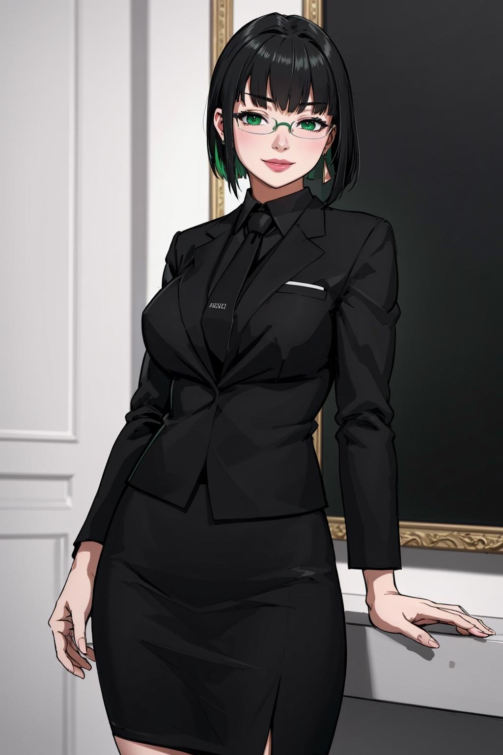 ((Masterpiece, best quality,edgQuality))smiling,solo,1girl,posing for a picture,edgAllmind,blunt bangs,two tone hair,earrings,black suit,necktie, green eyes,pencil skirt,glasses<lora:edgArmoredCore6Allmind:0.8>