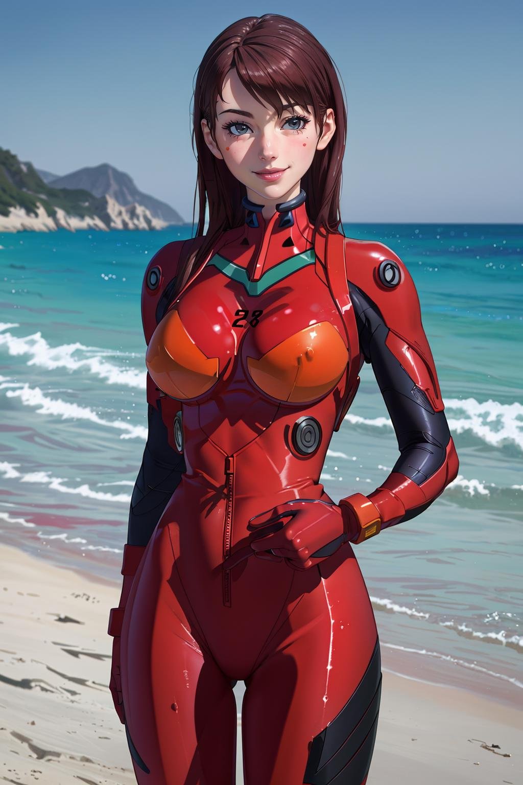 ((Masterpiece, best quality,edgQuality))smiling,solo,1girl,posing for a picture,posing on a beach,edgPlugsuit, breasts,skin tight,wearing edgPlugsuit ,red bodysuit <lora:edgAsukaPlugsuitCosplay:1>