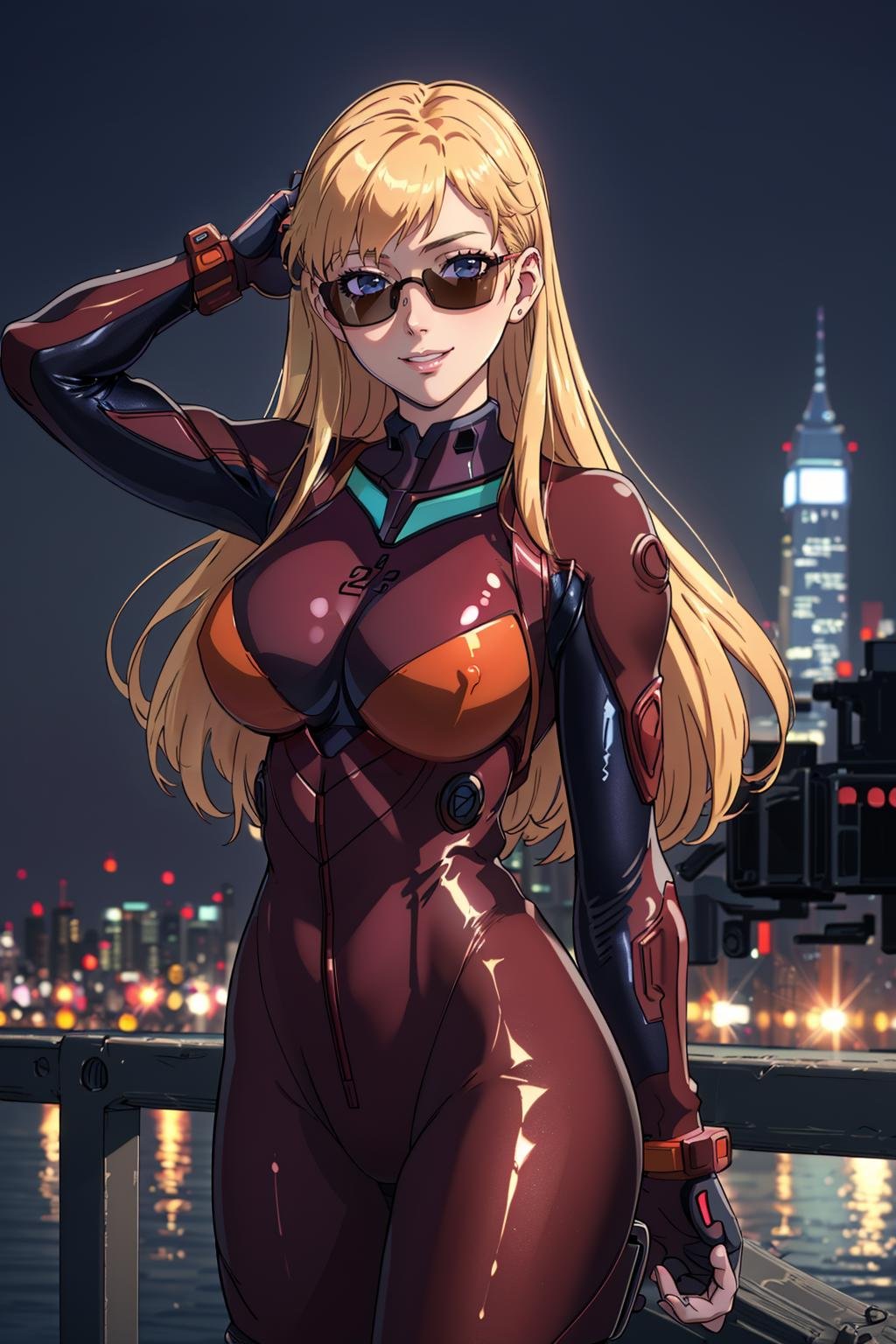 ((Masterpiece, best quality,edgQuality))smiling,solo,1girl,posing for a picture,((night city background)),edgPlugsuit, breasts,skin tight,wearing edgPlugsuit ,red bodysuit <lora:edgAsukaPlugsuitCosplay:0.8>Blonde Nadia with sunglasses and a choker<lora:Ultimate_Nadia:0.5>
