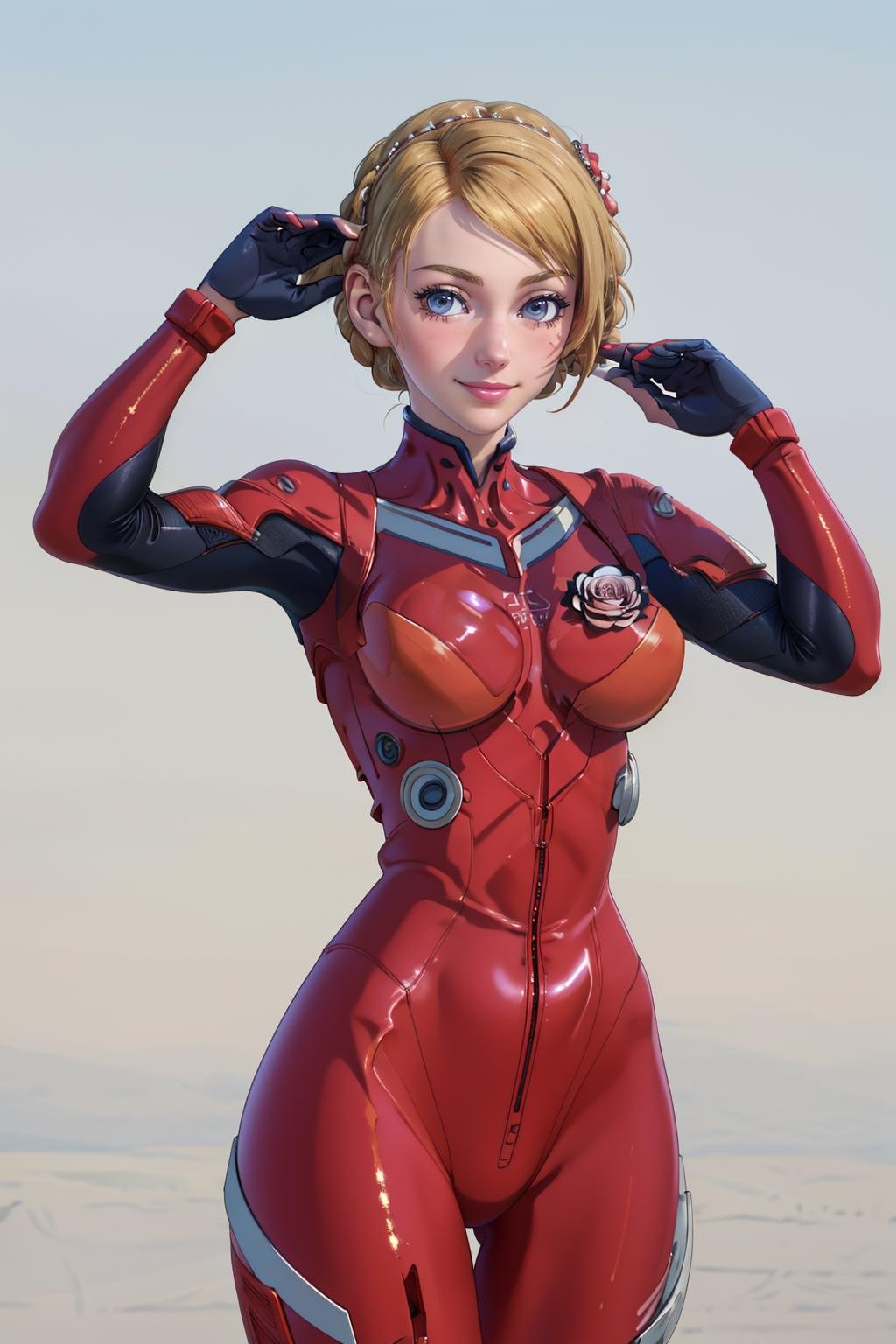 ((Masterpiece, best quality,edgQuality))smiling,solo,1girl,posing for a picture,edgPlugsuit, breasts,skin tight,wearing edgPlugsuit ,red bodysuit <lora:edgAsukaPlugsuitCosplay:0.85>edgCosette,braid, looking at viewer, blush, smile, blonde hair, flower<lora:edgRosaCosettedElise:1>