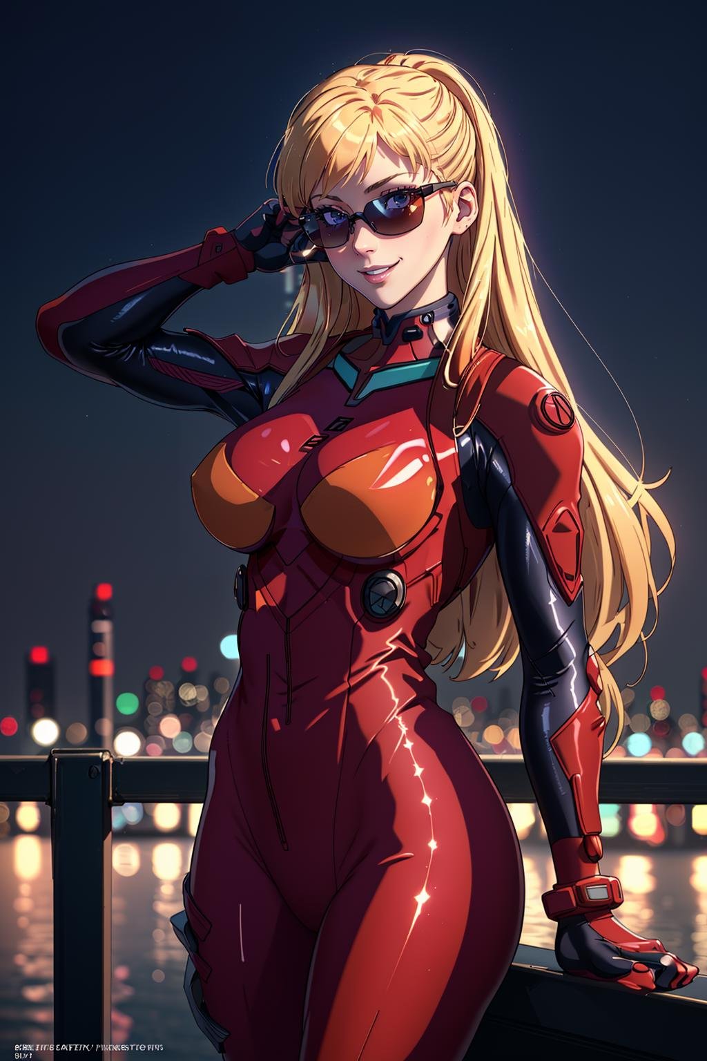 ((Masterpiece, best quality,edgQuality))smiling,solo,1girl,posing for a picture,((night city background)),edgPlugsuit, breasts,skin tight,wearing edgPlugsuit ,red bodysuit <lora:edgAsukaPlugsuitCosplay:0.8>Blonde Nadia with sunglasses and a choker<lora:Ultimate_Nadia:0.5>