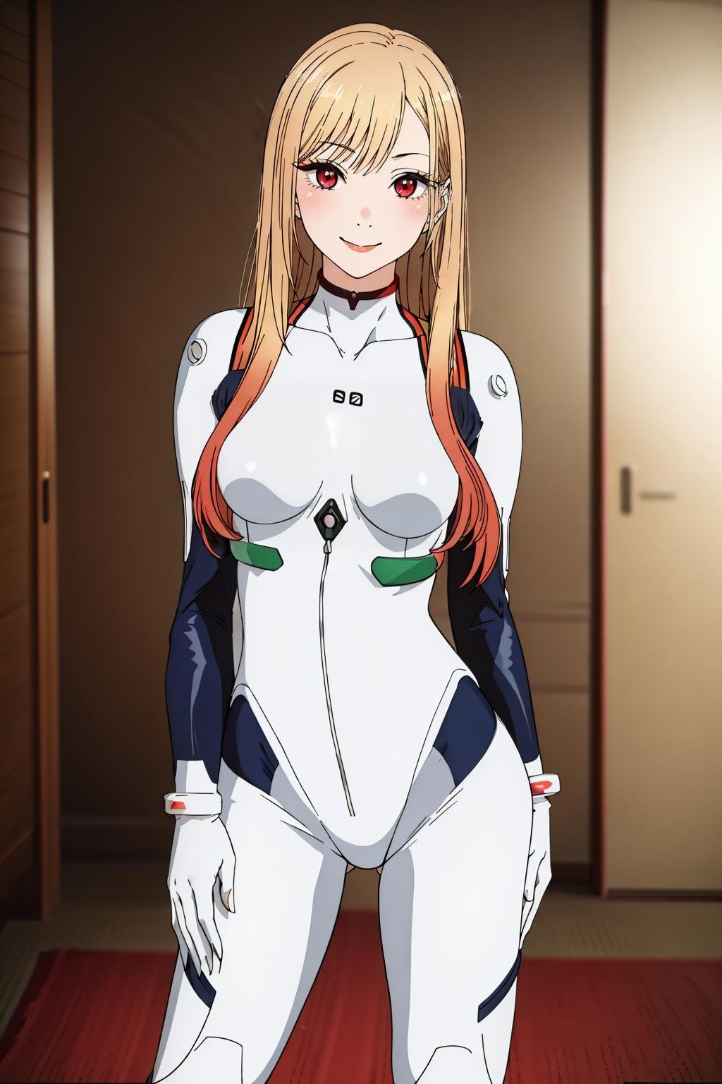 ((Masterpiece, best quality,edgQuality))smiling,solo,1girl,posing for a picture,arms along body,(japanese room background)edgPlugsuit, breasts,  full body, skin tight,wearing edgPlugsuit bodysuit <lora:edgPlugsuitCosplay:1> <lora:MarinKitagawa:0.8> Marin Kitagawa, blonde gradient hair, red eyes