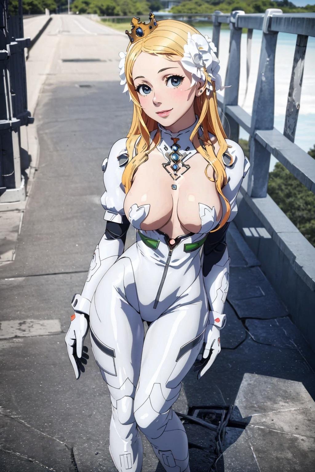 ((Masterpiece, best quality,edgQuality))smiling,solo,1girl,posing for a picture,arms along body,(standing on a bridge)edgPlugsuit, breasts,  full body, skin tight,wearing edgPlugsuit bodysuit <lora:edgPlugsuitCosplay:1> <lora:solangev1:0.65> crown, white flower