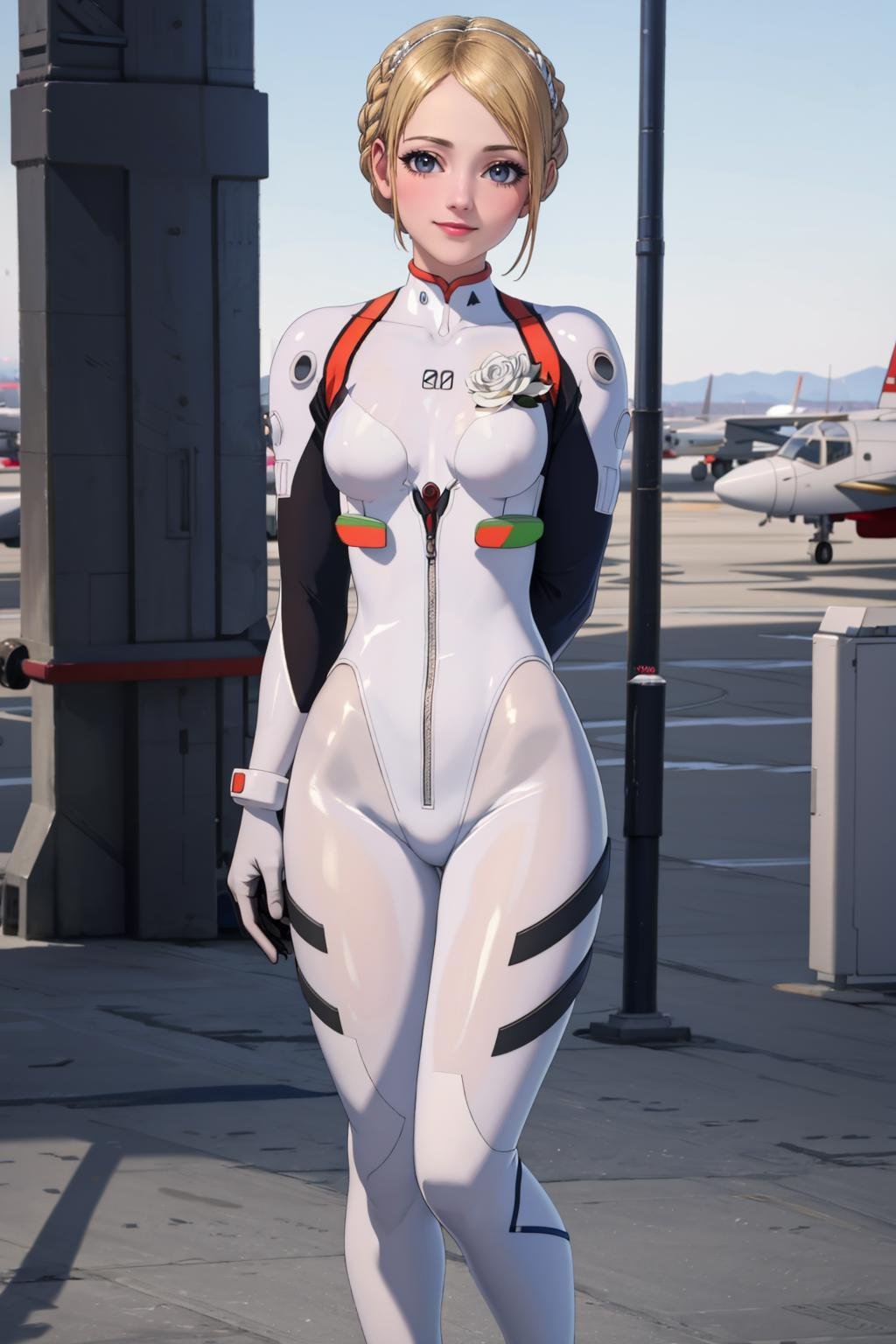 ((Masterpiece, best quality,edgQuality))smiling,solo,1girl,posing for a picture,arms along body,airport backgroundedgPlugsuit, breasts,  full body, skin tight,wearing edgPlugsuit bodysuit <lora:edgPlugsuitCosplay:1>(edgCosette,braid, looking at viewer, blush, smile, blonde hair, flower)<lora:edgRosaCosettedElise:1>