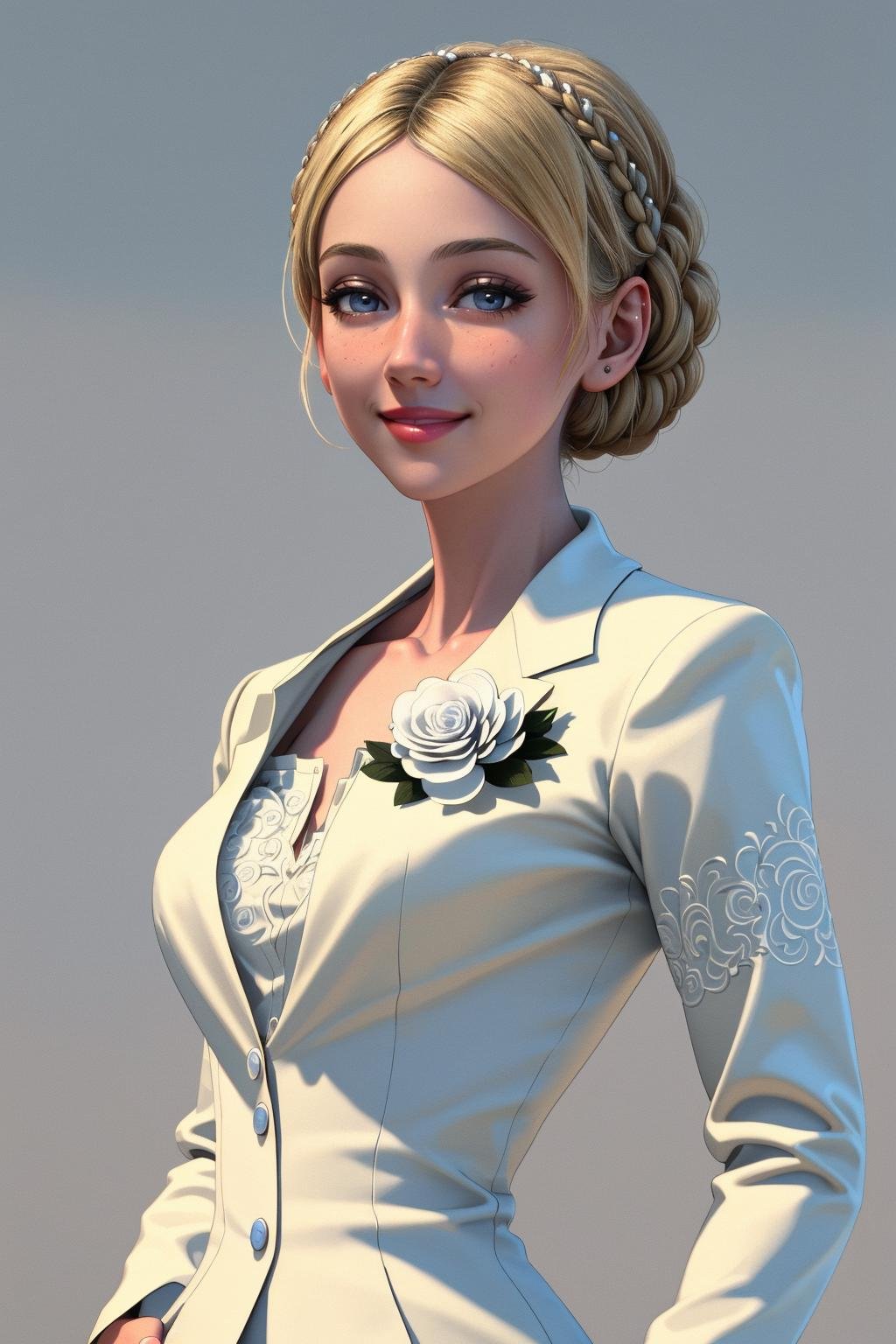 ((Masterpiece, best quality,edgQuality)),solo,1girl,smiling,excited,edgCosette,braid, looking at viewer, blush, smile, blonde hair, simple background, white background, dress, full body, flower <lora:edgRosaCosettedElise:1>