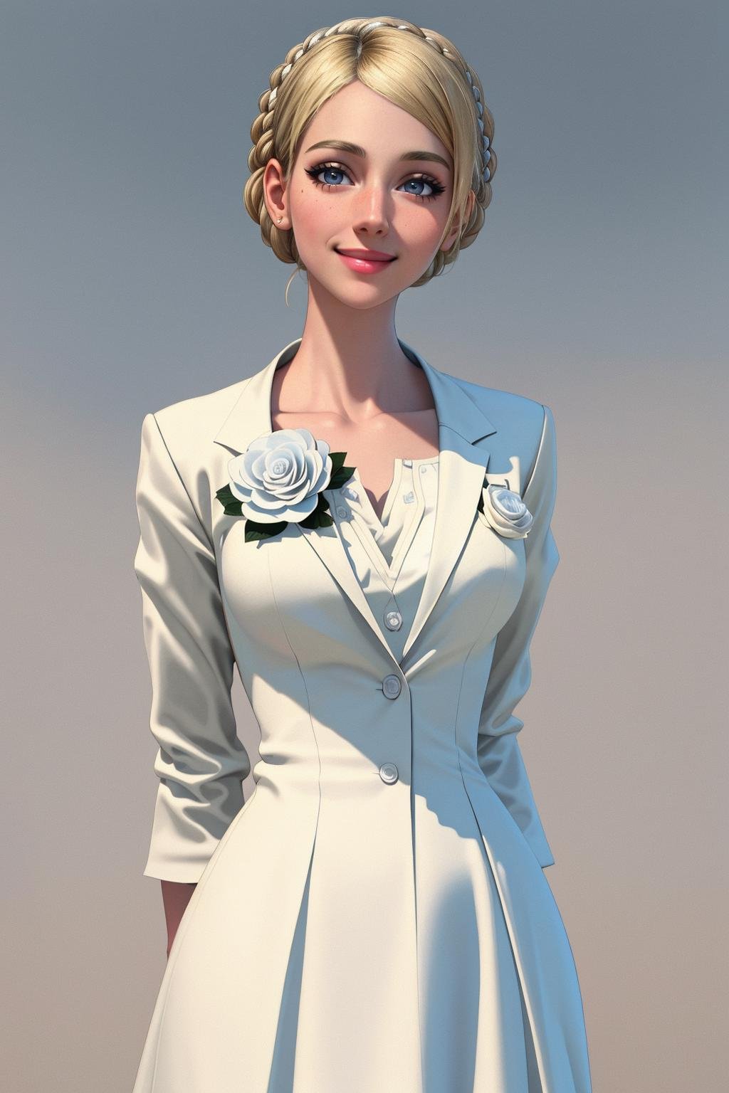((Masterpiece, best quality,edgQuality)),solo,1girl,smiling,excited,edgCosette,braid, looking at viewer, blush, smile, blonde hair, simple background, white background, dress, full body, flower <lora:edgRosaCosettedElise:1>