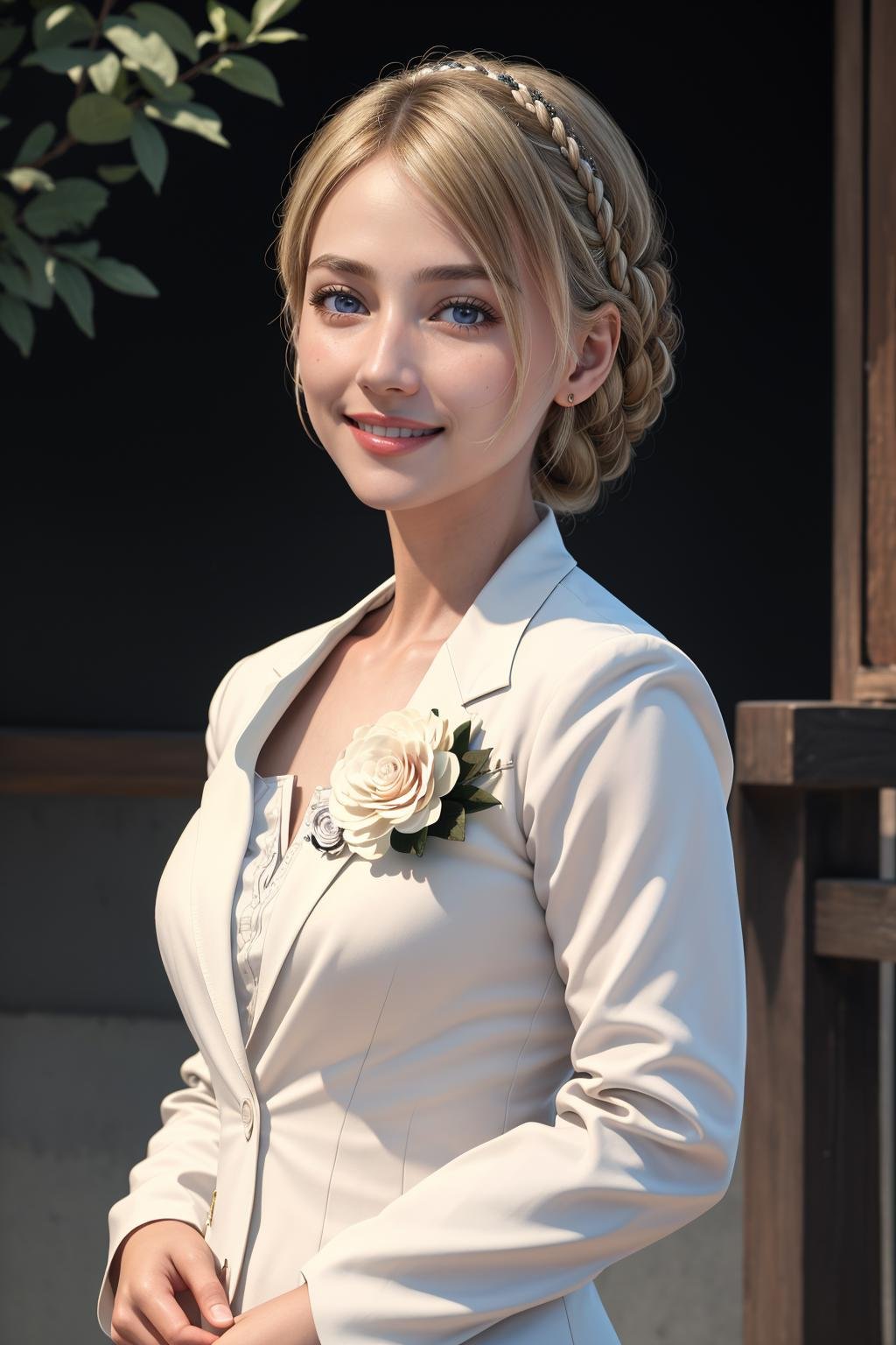 ((Masterpiece, best quality,edgQuality)),solo,1girl,smiling,excited,edgCosette,braid, looking at viewer, blush, smile, blonde hair,white dress, full body, flower <lora:edgRosaCosettedElise:1>