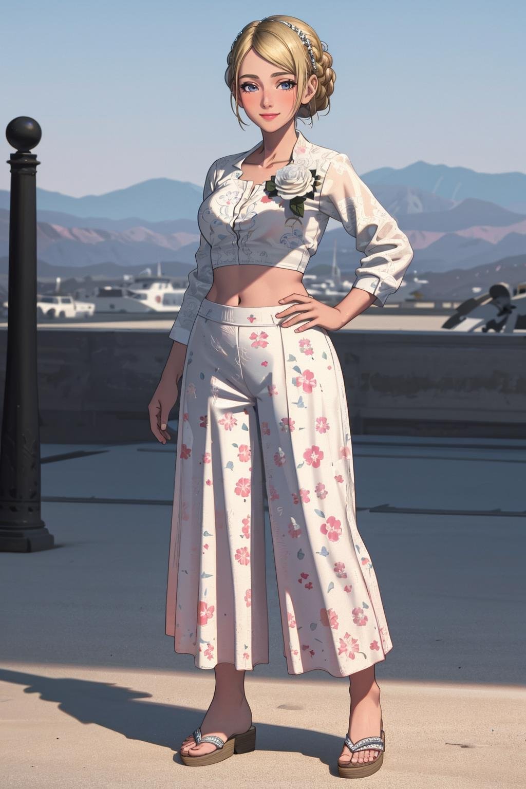 ((Masterpiece, best quality,edgQuality)),solo,1girl,smiling,excited,edgCosette,braid, looking at viewer, blush, smile, blonde hair, full body, midriff, shadow, floral print, sandals, wearing edgPalazzo_pants,stylish print,<lora:edgPalazzo_MINI:1> <lora:edgRosaCosettedElise:1>