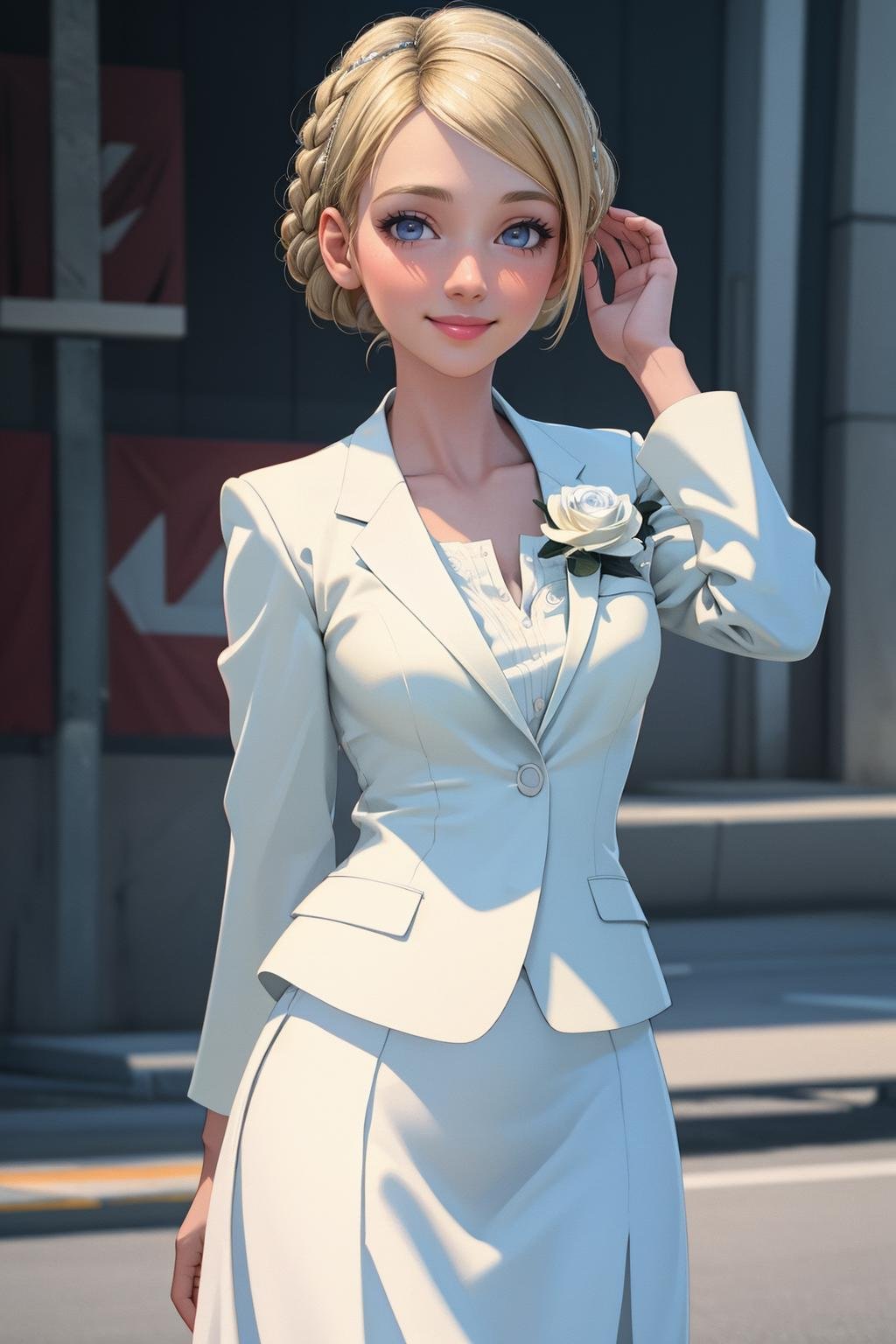 ((Masterpiece, best quality,edgQuality)),solo,1girl,smiling,excited,edgCosette,braid, looking at viewer, blush, smile, blonde hair,white suit,white skirt, full body, flower<lora:edgRosaCosettedElise:1>