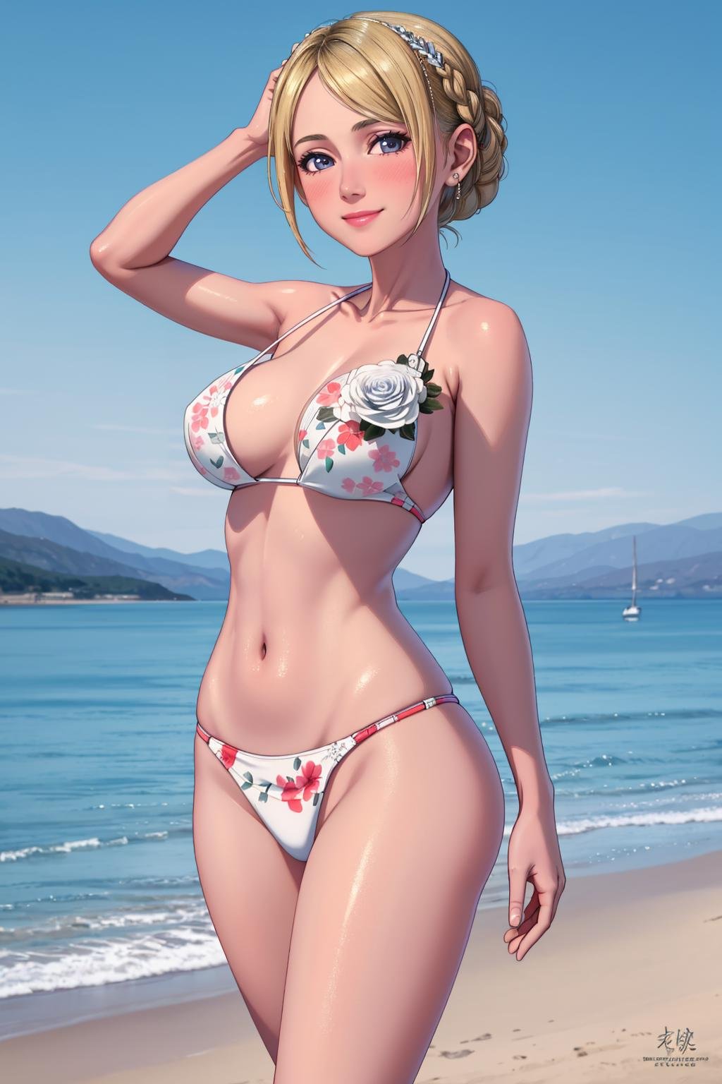 ((Masterpiece, best quality,edgQuality)),solo,1girl,smiling,excited,edgCosette,braid, looking at viewer, blush, smile, blonde hair, beach background,bikini, flower <lora:edgRosaCosettedElise:1>