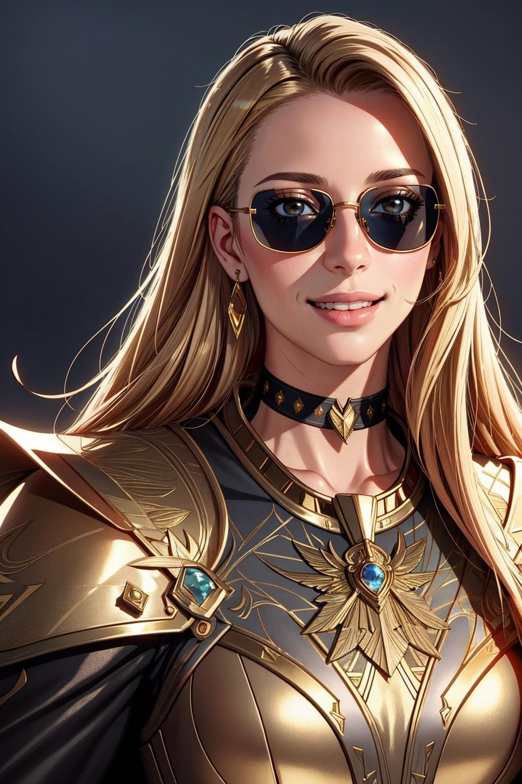 ((Masterpiece, best quality,edgQuality)),smiling,excited,edgGolden, a woman dressed in golden armor ,wearing edgGoldenBlonde Nadia with (sunglasses and a choker)<lora:Ultimate_Nadia:0.5> <lora:edgNadiaGolden:0.8>