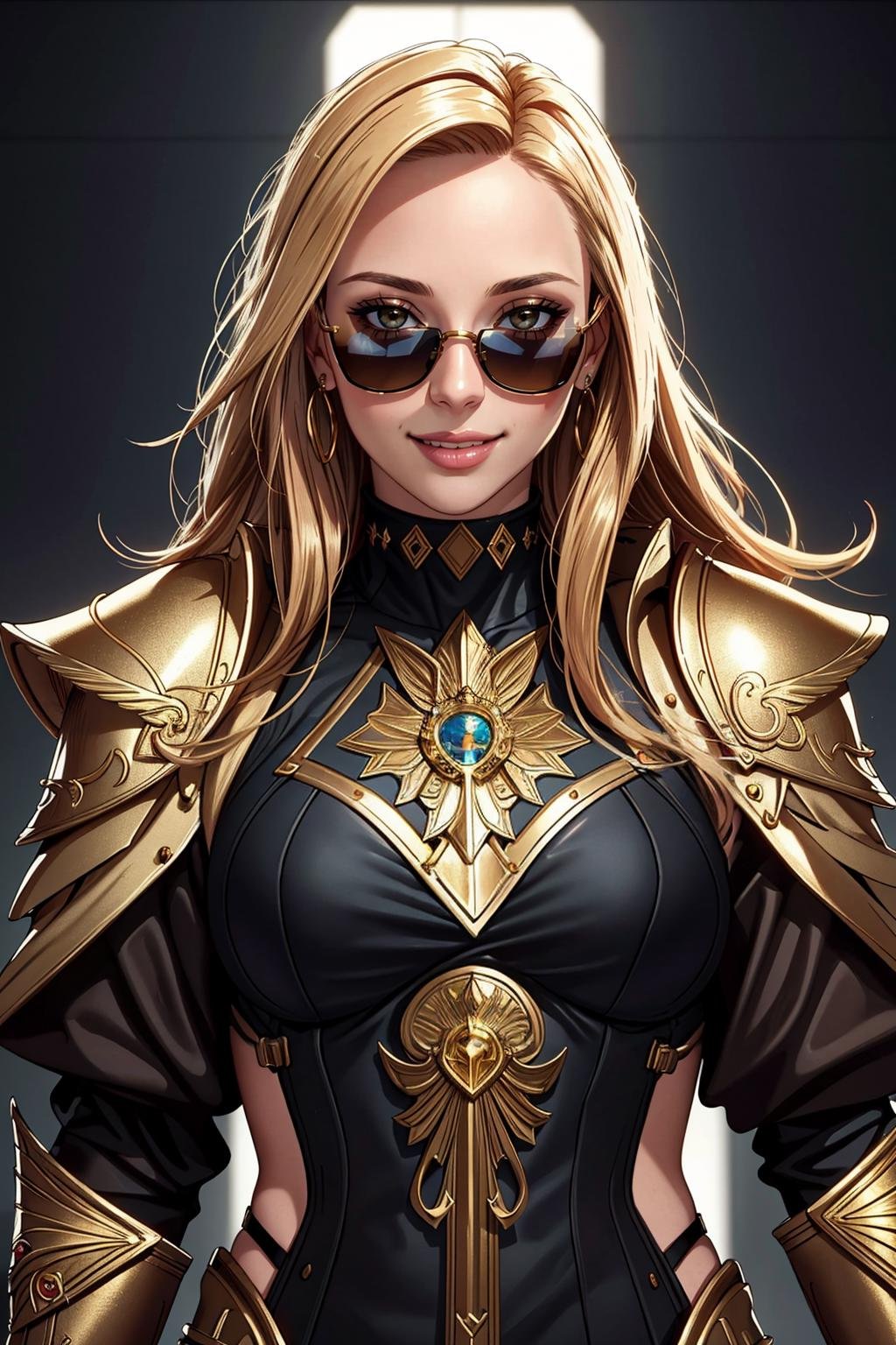 ((Masterpiece, best quality,edgQuality)),smiling,excited,full bodyedgGolden, a woman dressed in golden armor ,wearing edgGoldenBlonde Nadia with (sunglasses and a choker)<lora:Ultimate_Nadia:0.5> <lora:edgNadiaGolden:0.8>