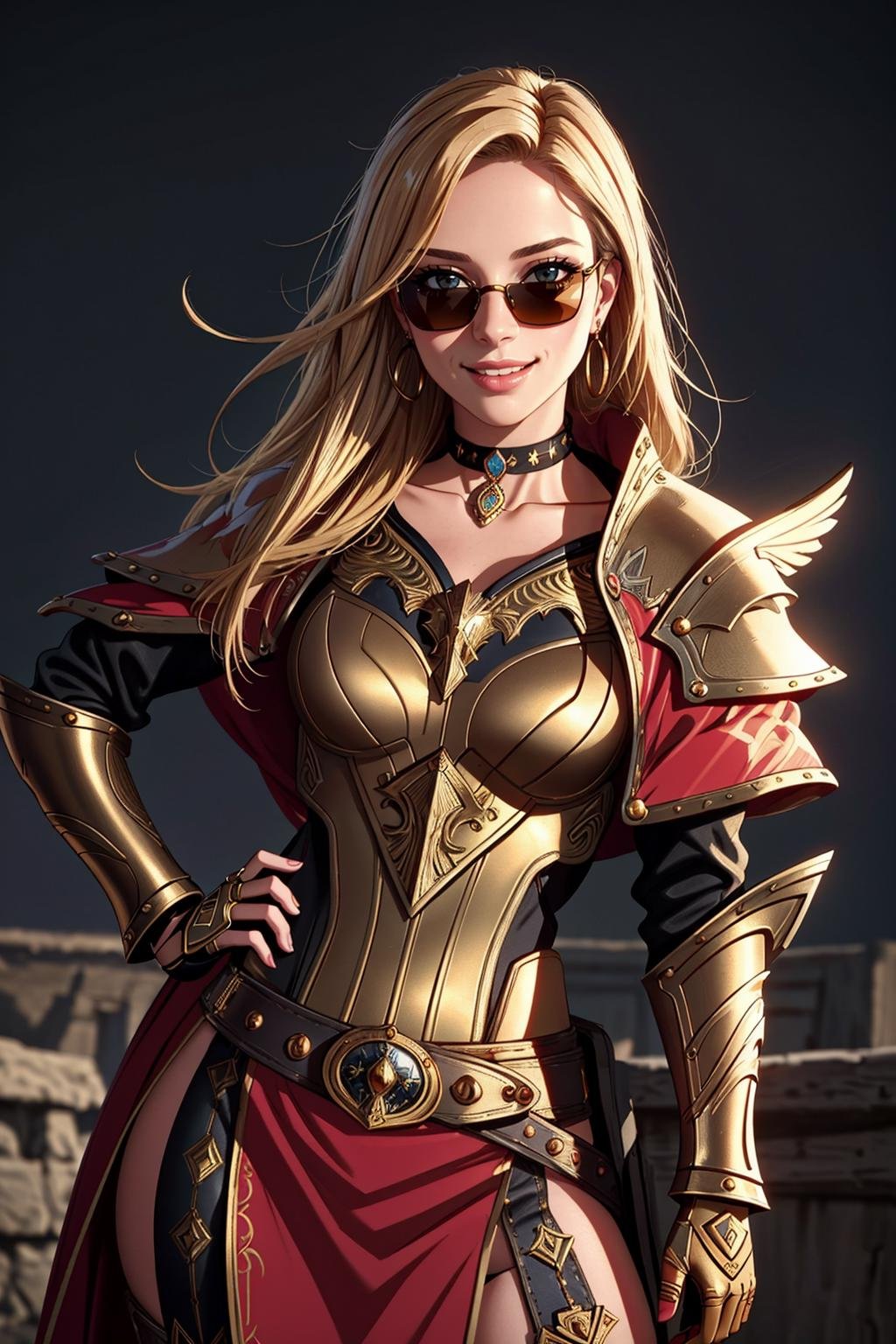 ((Masterpiece, best quality,edgQuality)),smiling,excited,((cowboy shot))edgGolden, a woman dressed in golden armor ,wearing edgGoldenBlonde Nadia with (sunglasses and a choker)<lora:Ultimate_Nadia:0.5> <lora:edgNadiaGolden:0.8>