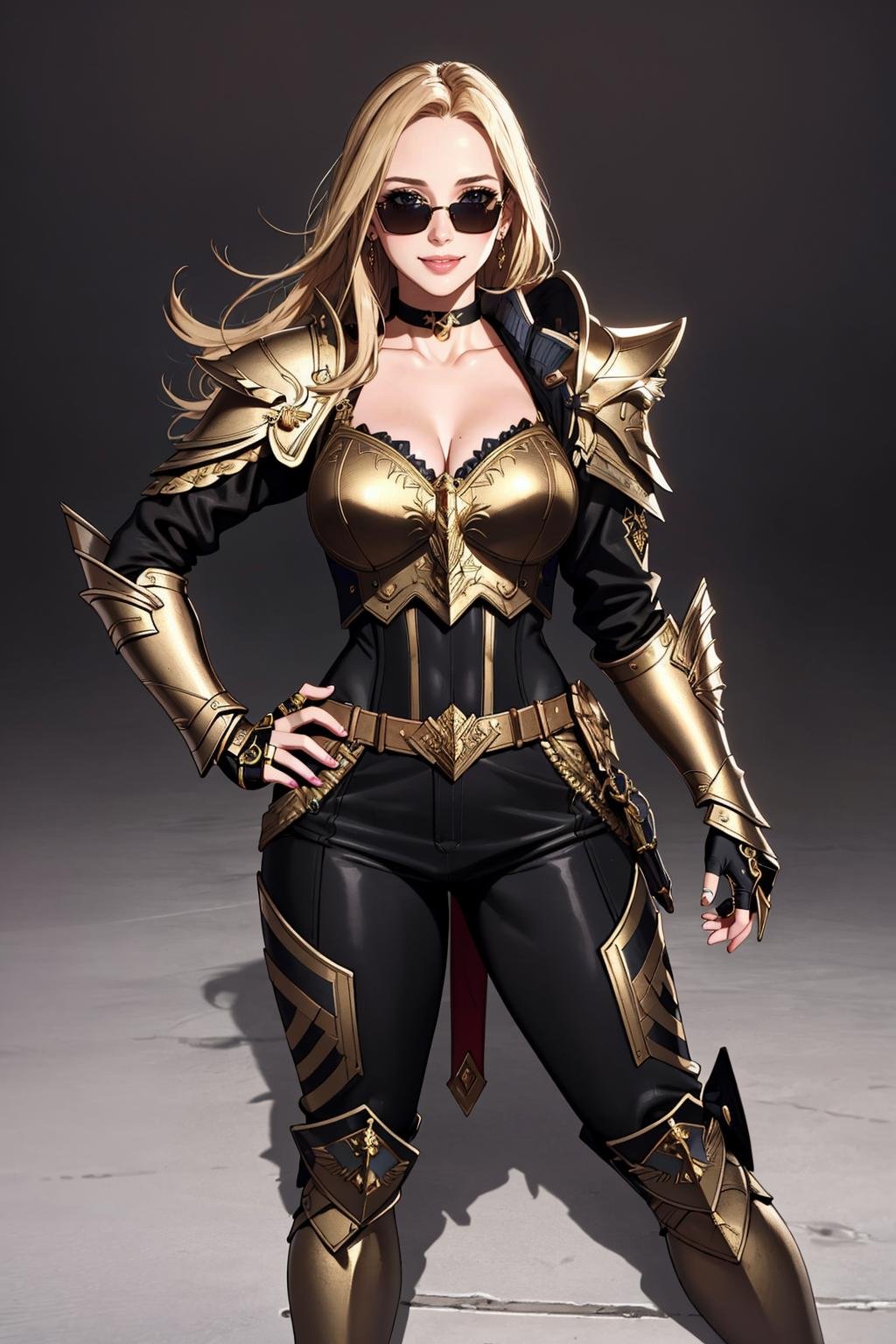 ((Masterpiece, best quality,edgQuality)),smiling,excited,full bodyedgGolden, a woman dressed in golden armor ,wearing edgGoldenBlonde Nadia with (sunglasses and a choker)<lora:Ultimate_Nadia:0.5> <lora:edgNadiaGolden:0.8>